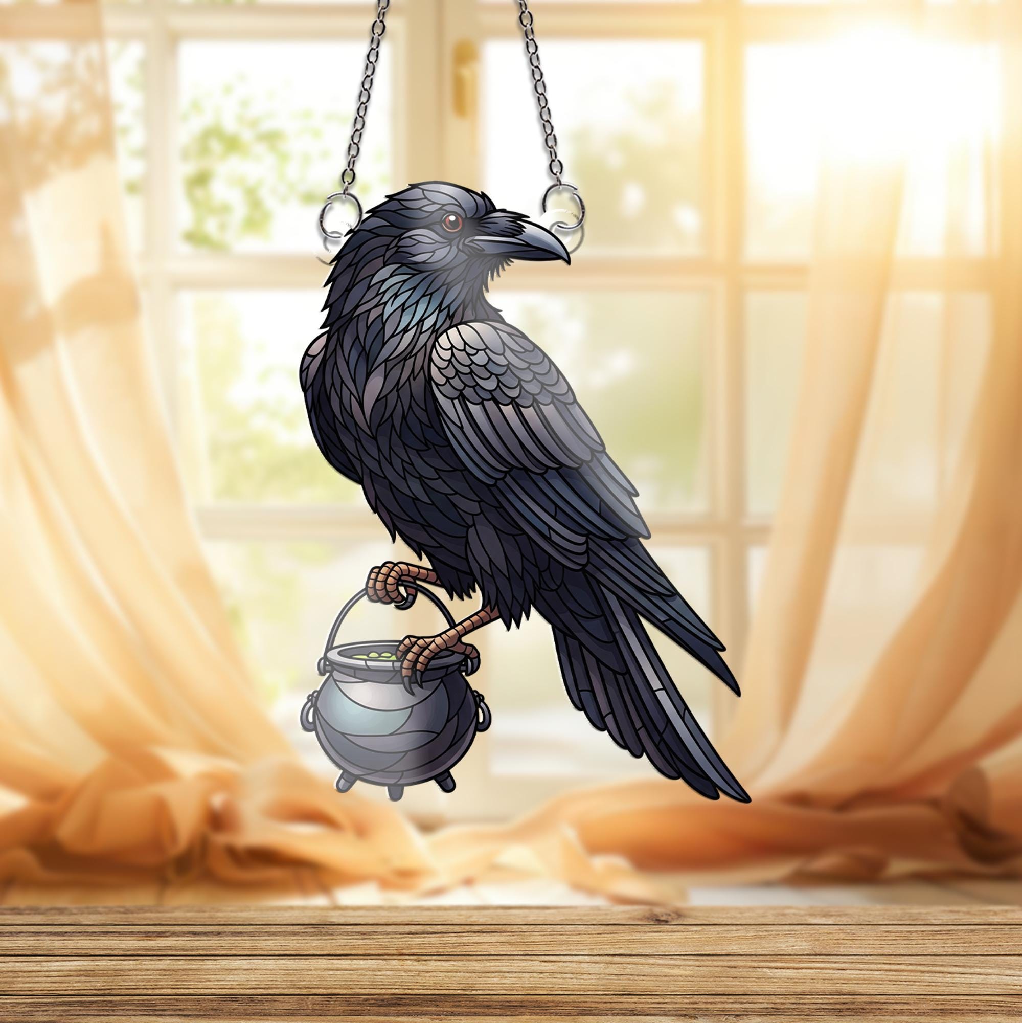Raven with Cauldron Faux Stained Glass Window Hanging – Gothic Witch Decor, Halloween Suncatcher, Spooky Raven Witchcraft Gift