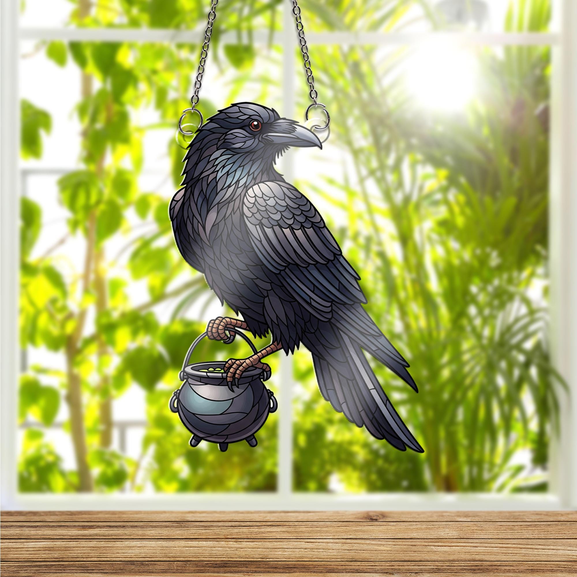 Raven with Cauldron Faux Stained Glass Window Hanging – Gothic Witch Decor, Halloween Suncatcher, Spooky Raven Witchcraft Gift