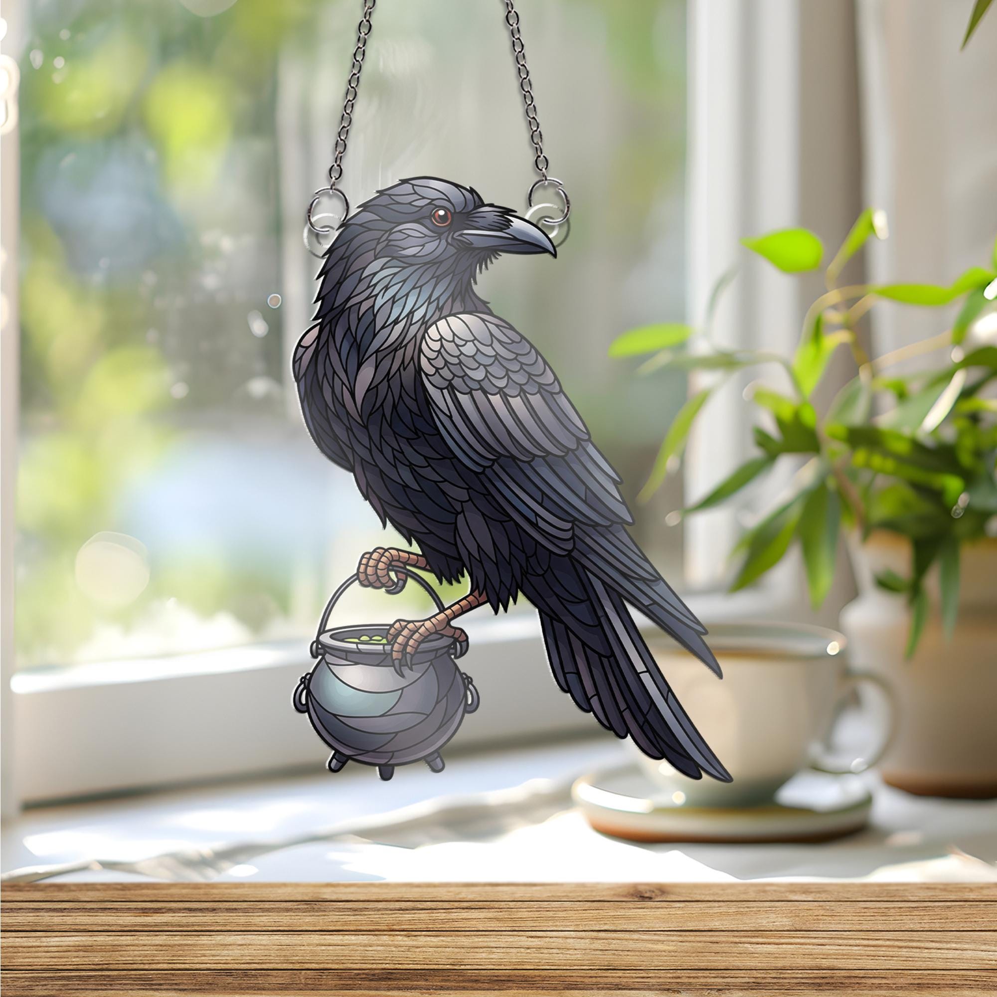 Raven with Cauldron Faux Stained Glass Window Hanging – Gothic Witch Decor, Halloween Suncatcher, Spooky Raven Witchcraft Gift