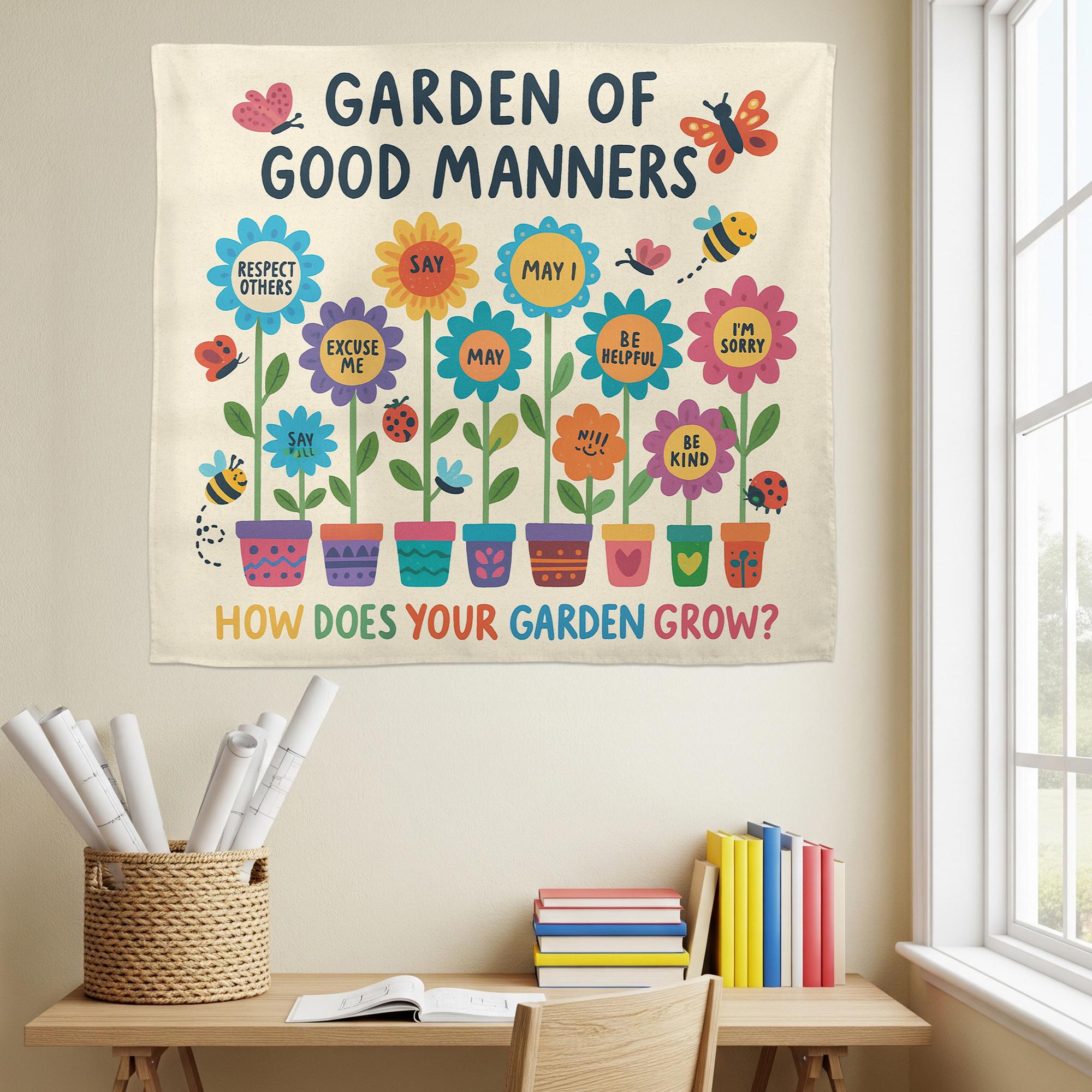 Garden of Good Manners Classroom Tapestry | Kindness, Respect Wall Decor | Behavior Chart Poster for Teachers & Kids, Back To School Decor