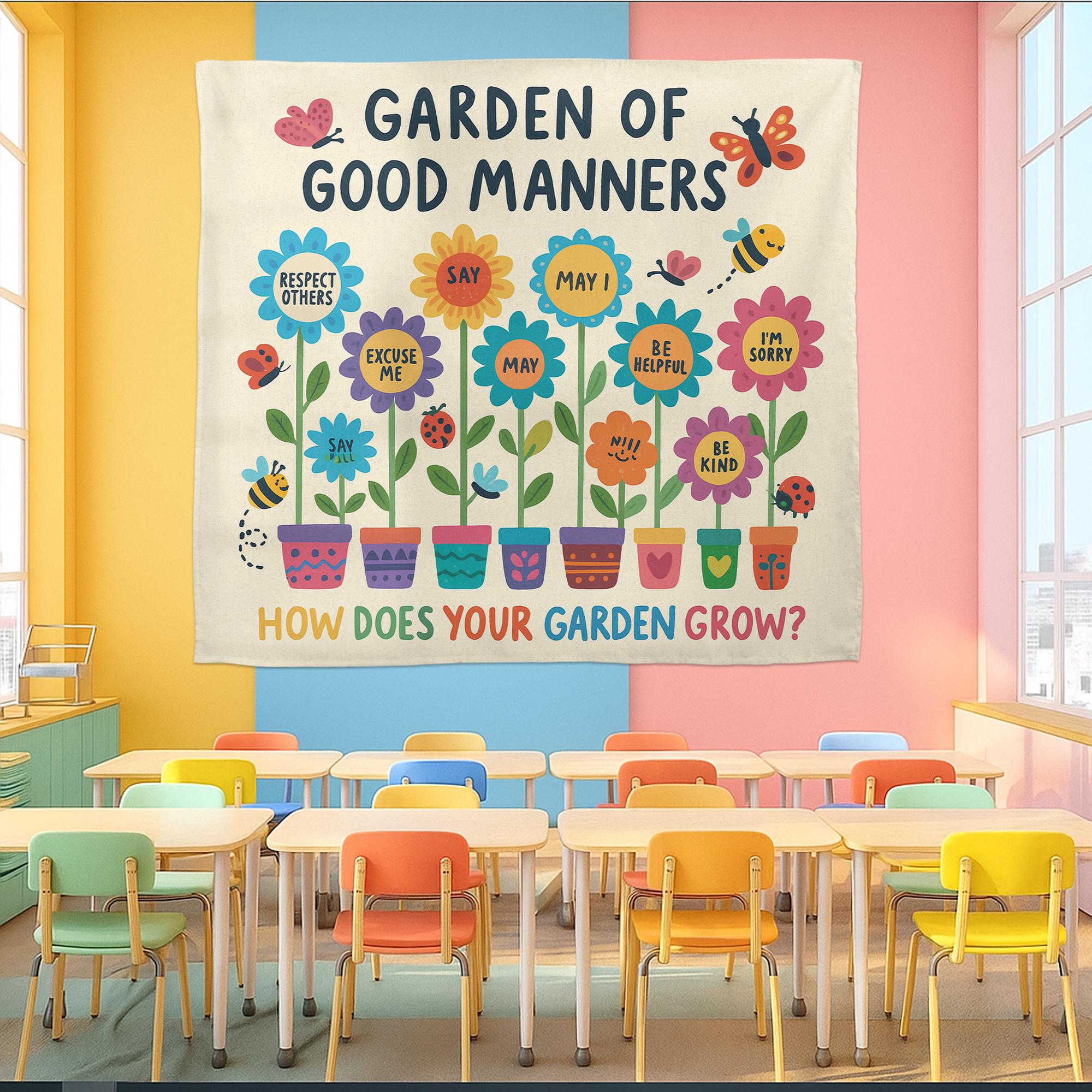 Garden of Good Manners Classroom Tapestry | Kindness, Respect Wall Decor | Behavior Chart Poster for Teachers & Kids, Back To School Decor