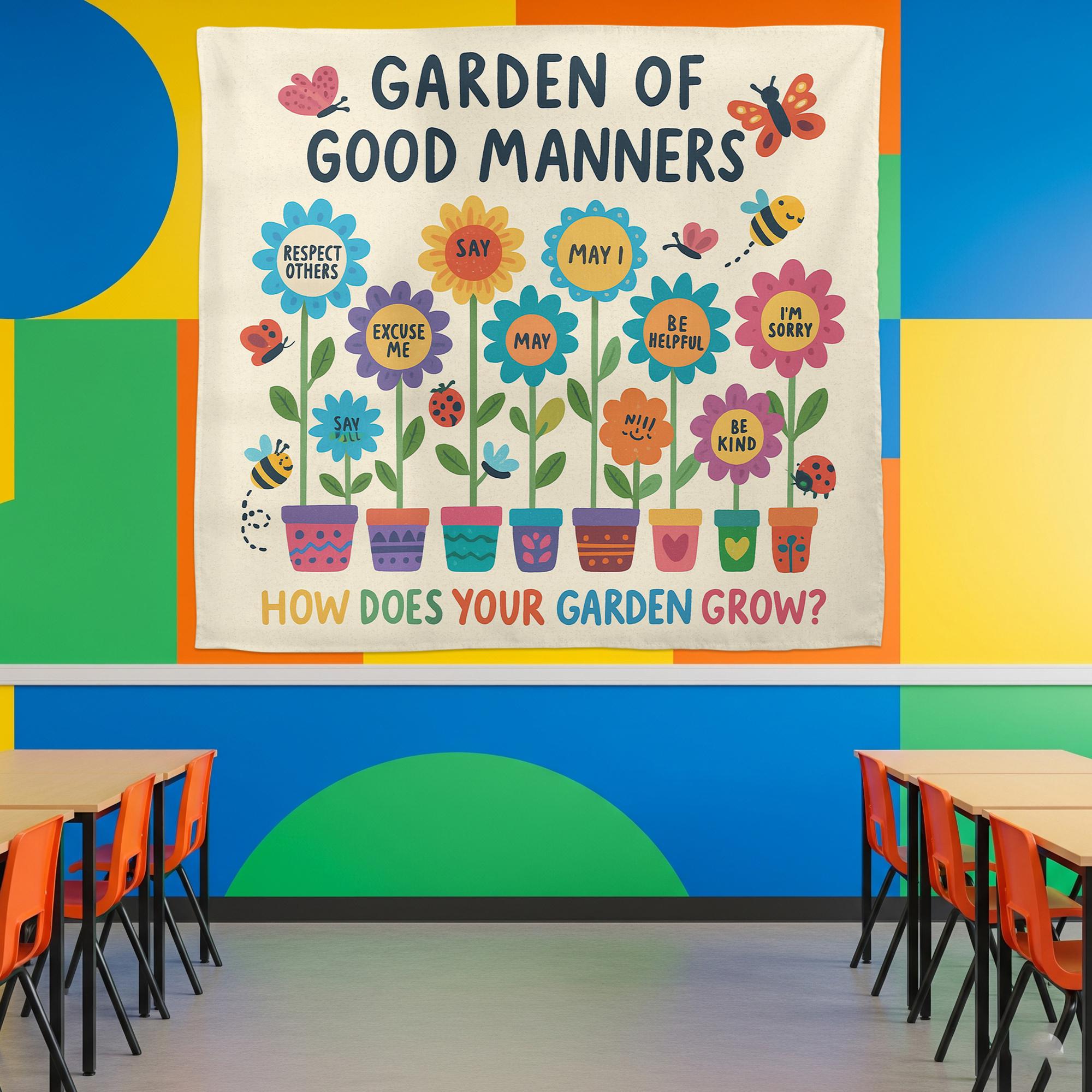 Garden of Good Manners Classroom Tapestry | Kindness, Respect Wall Decor | Behavior Chart Poster for Teachers & Kids, Back To School Decor