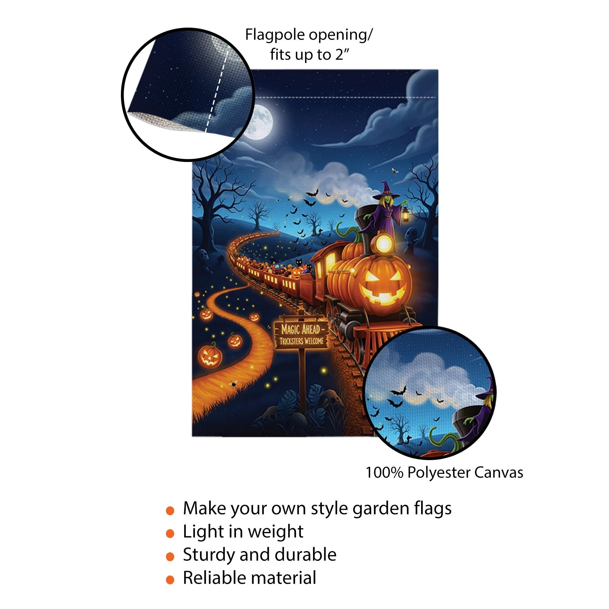 Halloween Pumpkin Train Garden Flag, Spooky Witch Yard Decor, Magic Ahead Tricksters Welcome Outdoor Fall Flag