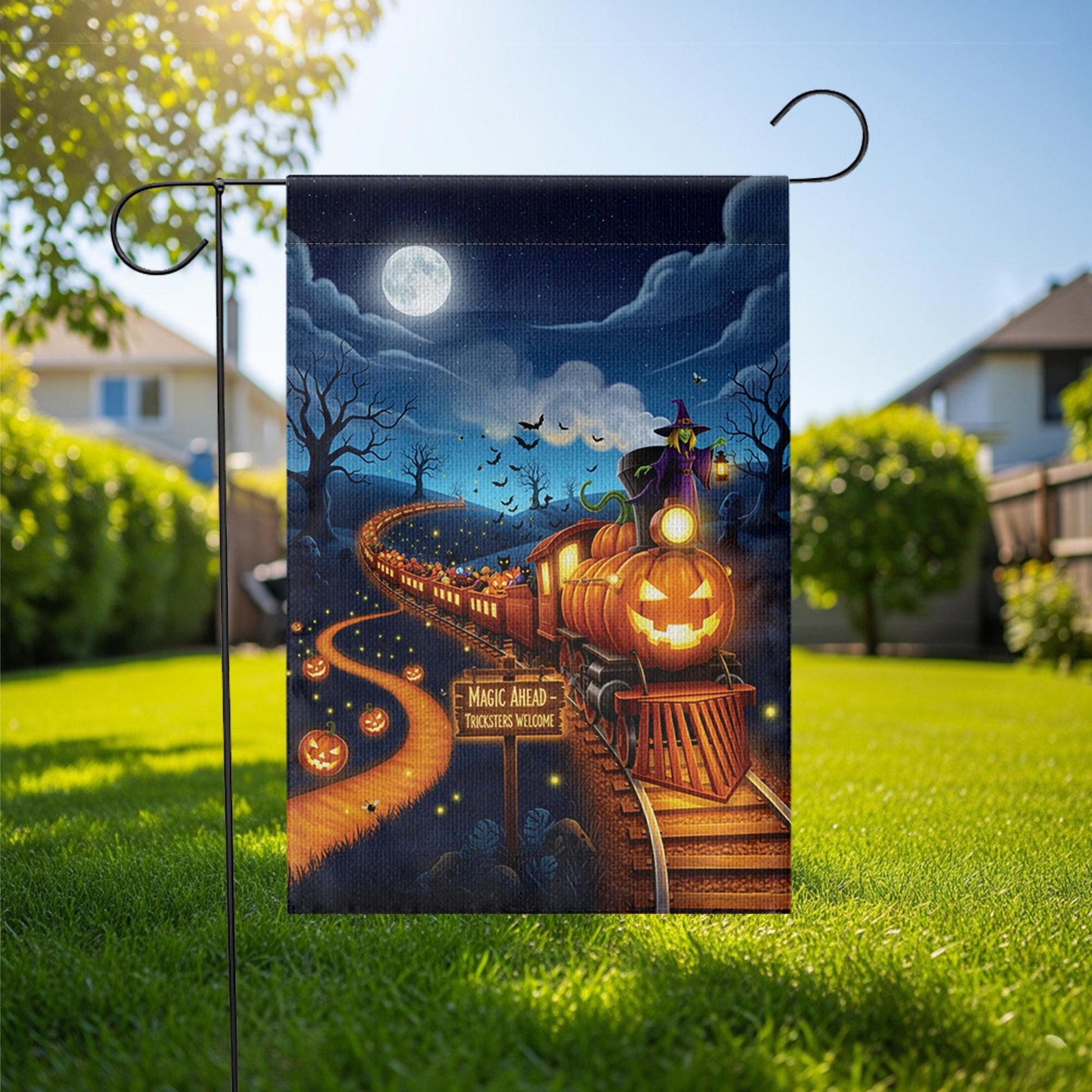 Halloween Pumpkin Train Garden Flag, Spooky Witch Yard Decor, Magic Ahead Tricksters Welcome Outdoor Fall Flag