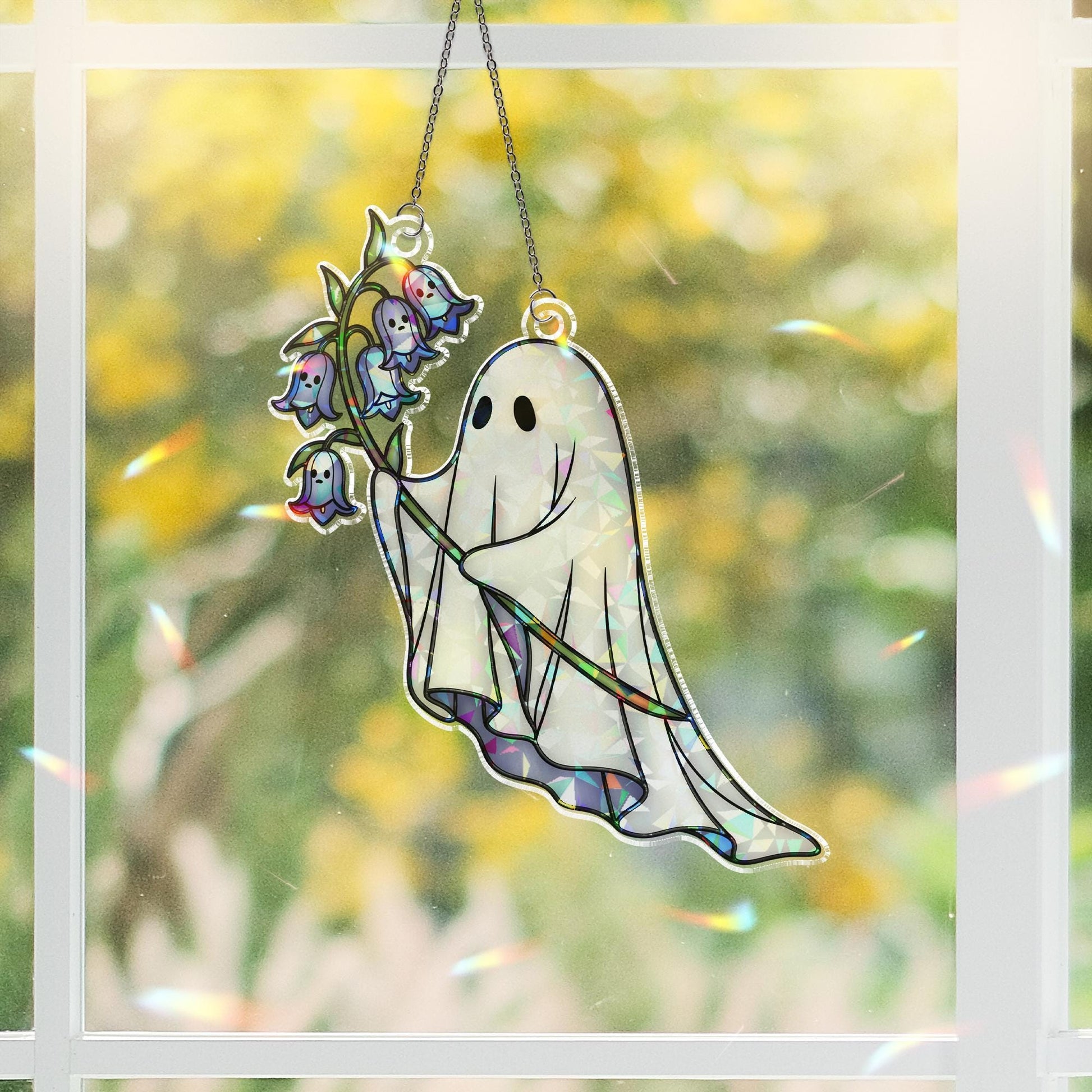 Holographic Ghost Suncatcher with Bluebells, Cute Acrylic Window Decor, Kawaii Spooky suncatcher, Pastel Goth Ghost Gift