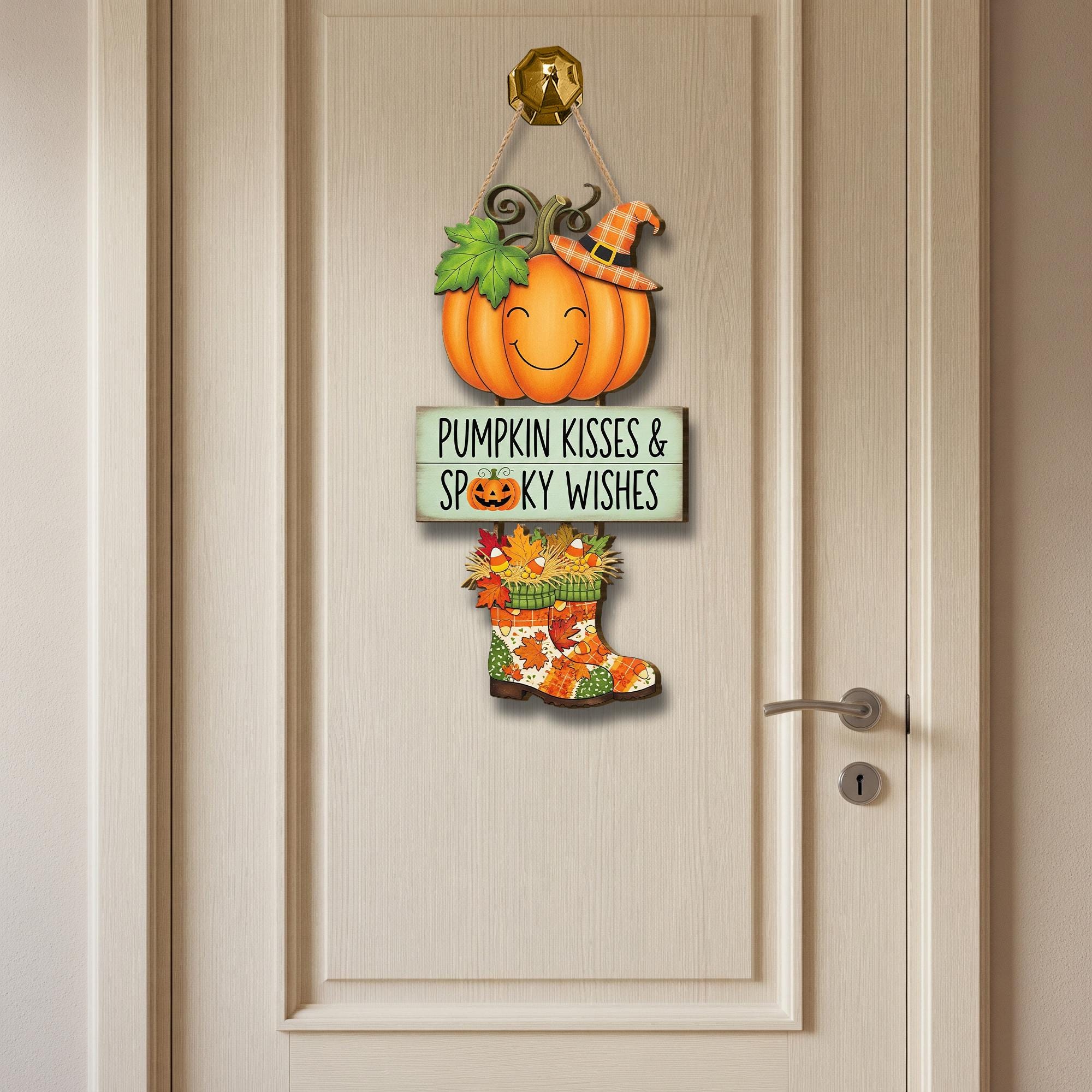 Pumpkin Kisses Spooky Wishes Door Sign, Cute Halloween Hanging Decor, Fall Wooden Sign for Front Door or Entryway