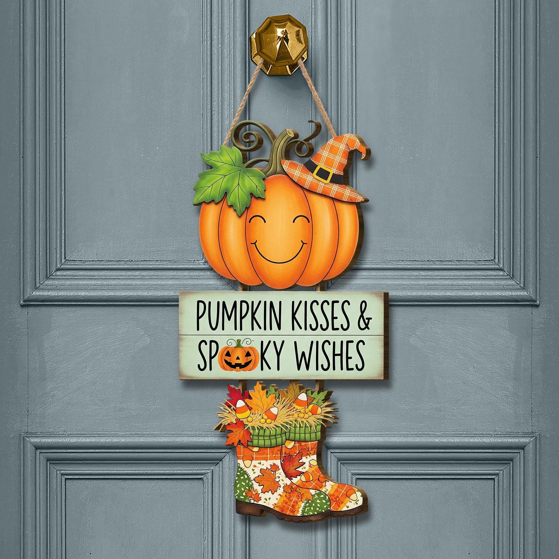 Pumpkin Kisses Spooky Wishes Door Sign, Cute Halloween Hanging Decor, Fall Wooden Sign for Front Door or Entryway