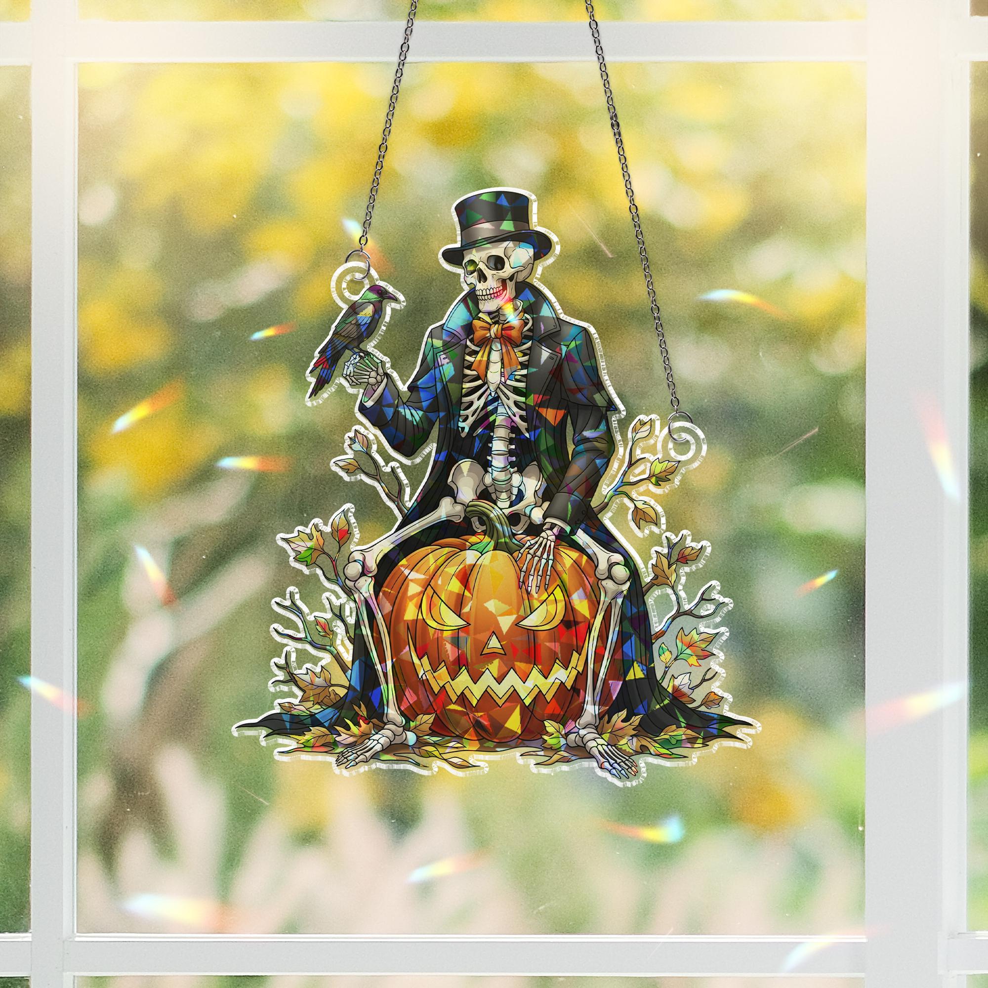 Dapper Skeleton Suncatcher, Gothic Halloween Decor, Stained Glass Jack o' Lantern & Raven Art, Victorian Spooky Wall Hanging