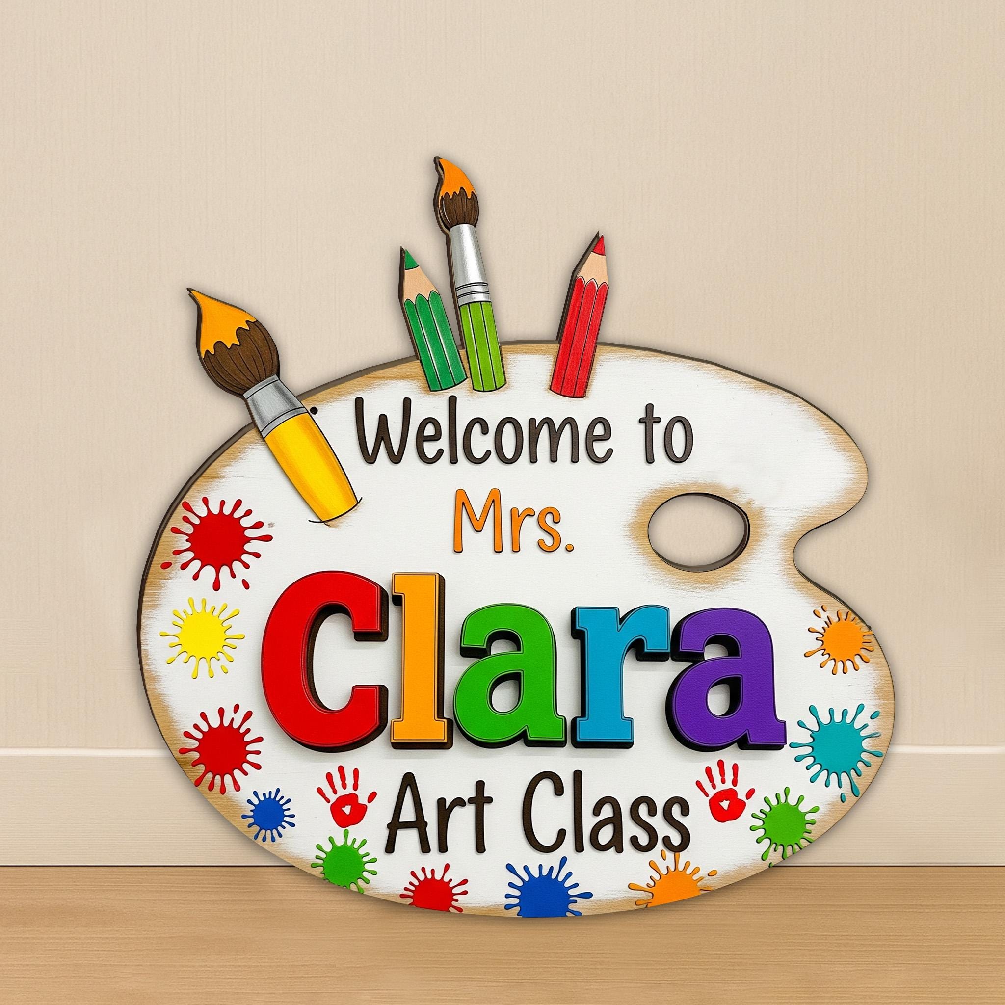 Personalized Art Class Sign, 2 Layer Wooden Teacher Door Decor, Custom Paint Palette Name Sign, Custom Classroom Gift