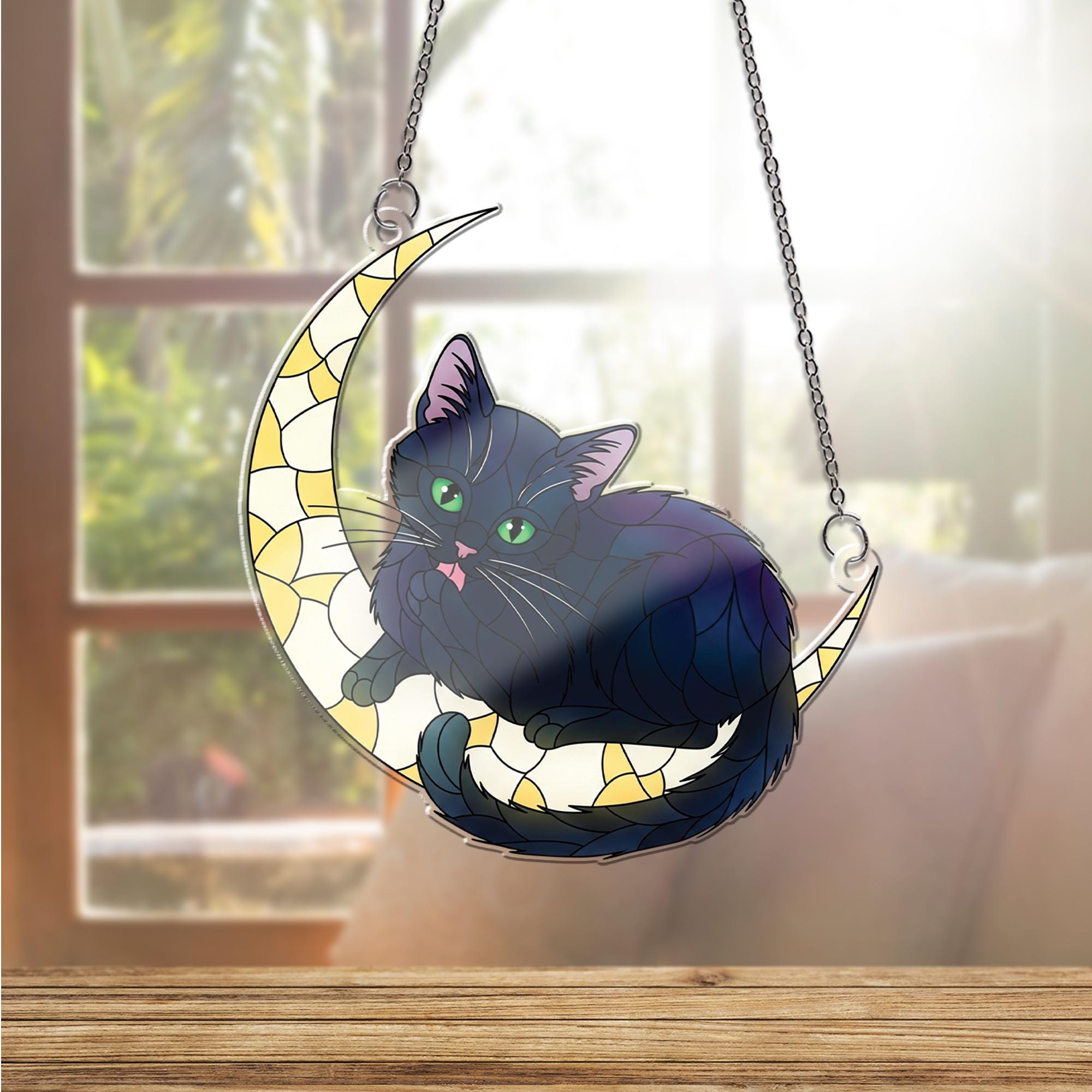 Black Cat Crescent Moon Window Hanging, Faux Glass Suncatcher, Cat Lover Gift, Halloween Cat Decor, Boho Home Charm