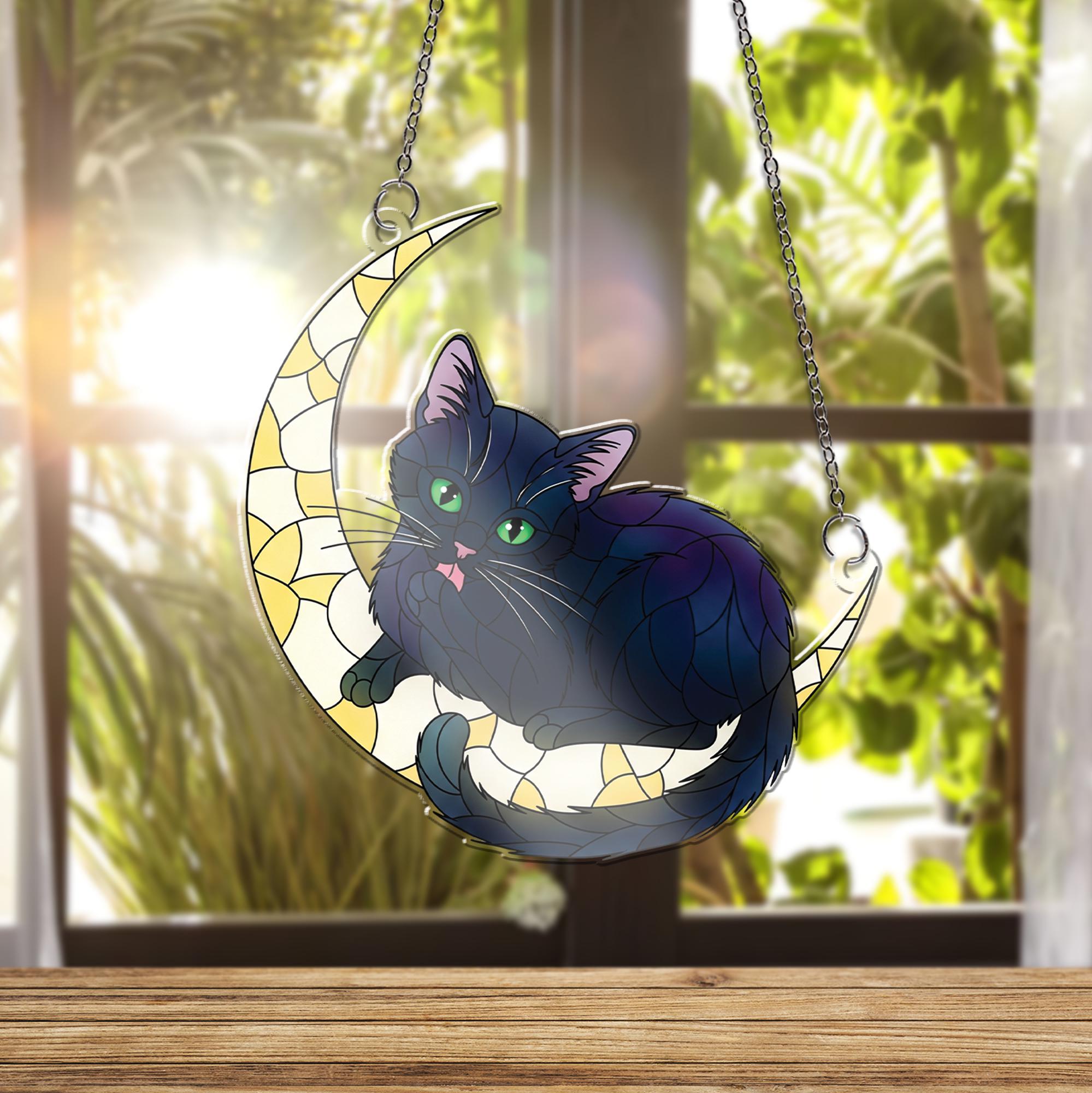 Black Cat Crescent Moon Window Hanging, Faux Glass Suncatcher, Cat Lover Gift, Halloween Cat Decor, Boho Home Charm