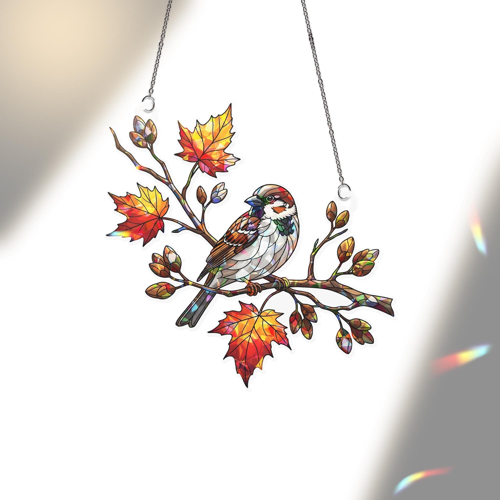 Holographic Sparrow Window Hanging, Faux Glass Bird Suncatcher, Autumn Leaves Decor, Nature Lover Gift, Fall Window Art