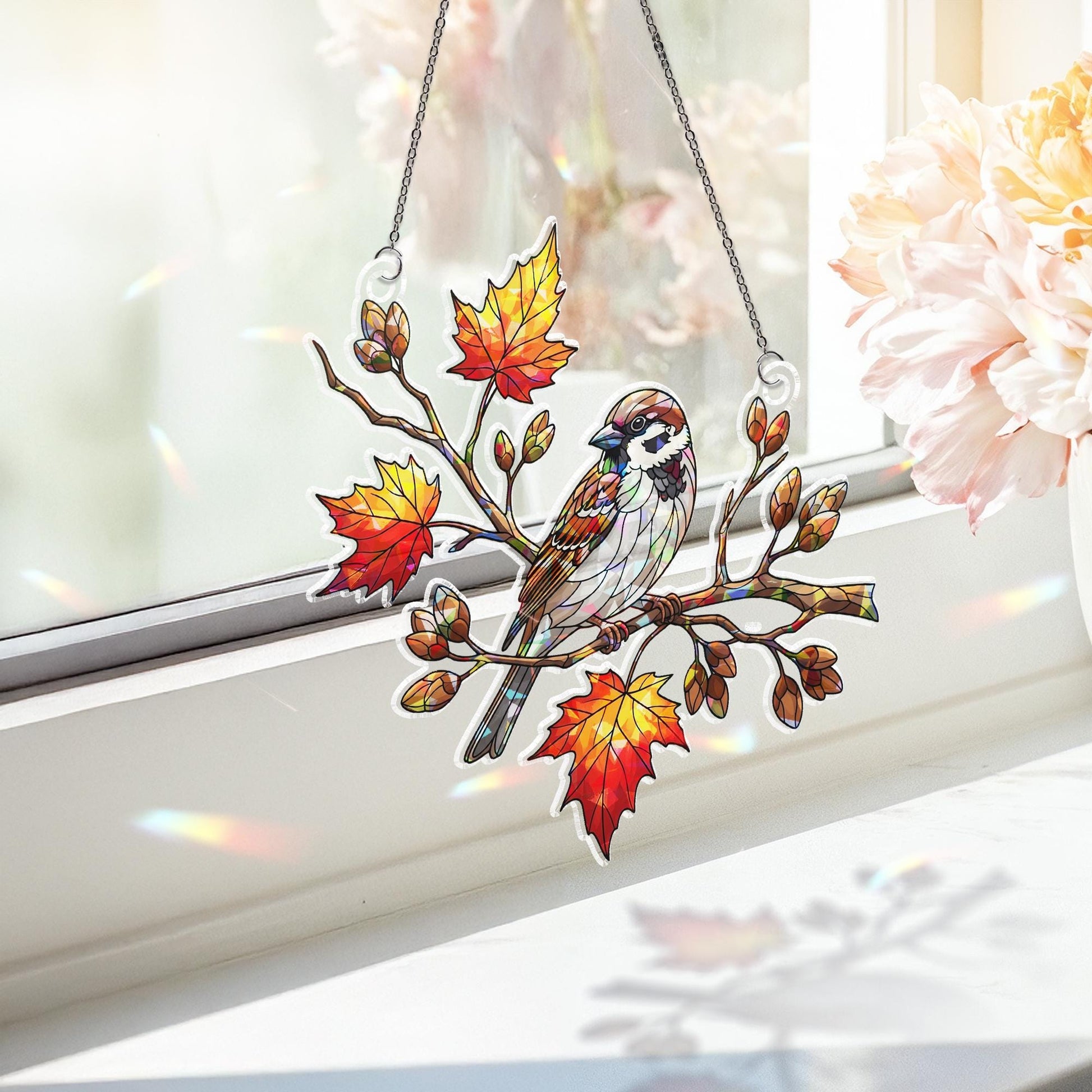 Holographic Sparrow Window Hanging, Faux Glass Bird Suncatcher, Autumn Leaves Decor, Nature Lover Gift, Fall Window Art
