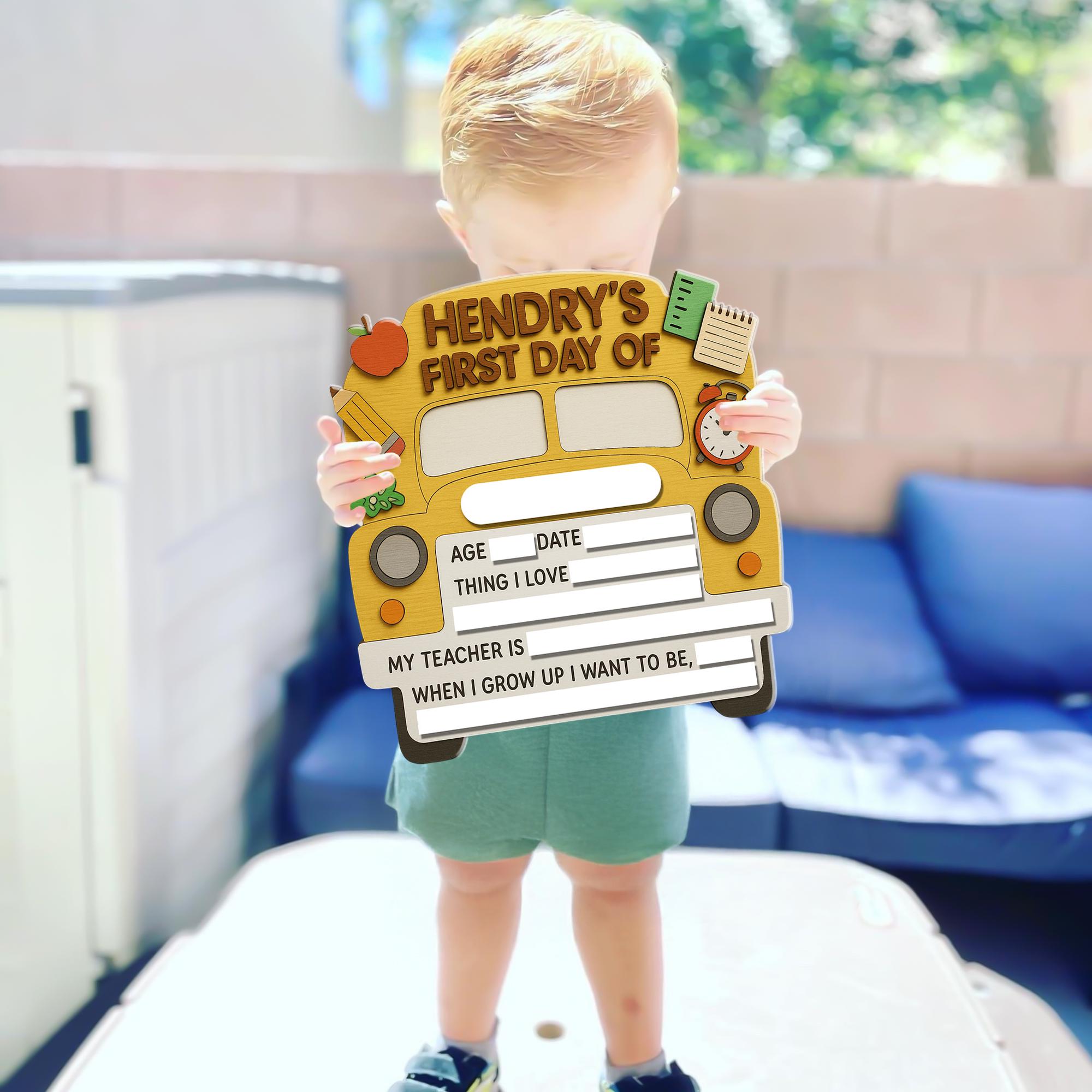 Personalized First Day of School Sign, Reusable Milestone Sign Board for Kids, Yellow Bus Photo Prop for Kids, Back to School Board