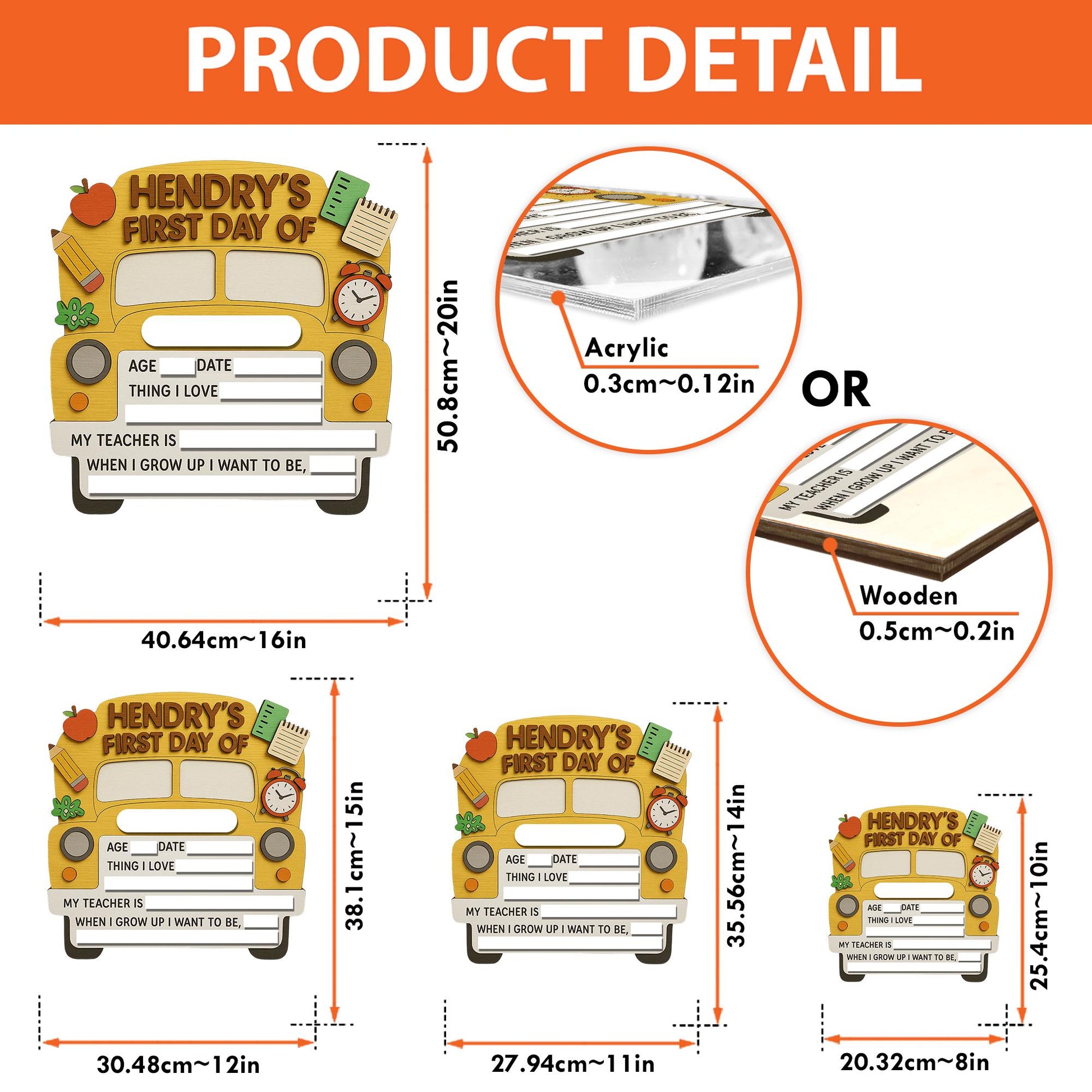 Personalized First Day of School Sign, Reusable Milestone Sign Board for Kids, Yellow Bus Photo Prop for Kids, Back to School Board