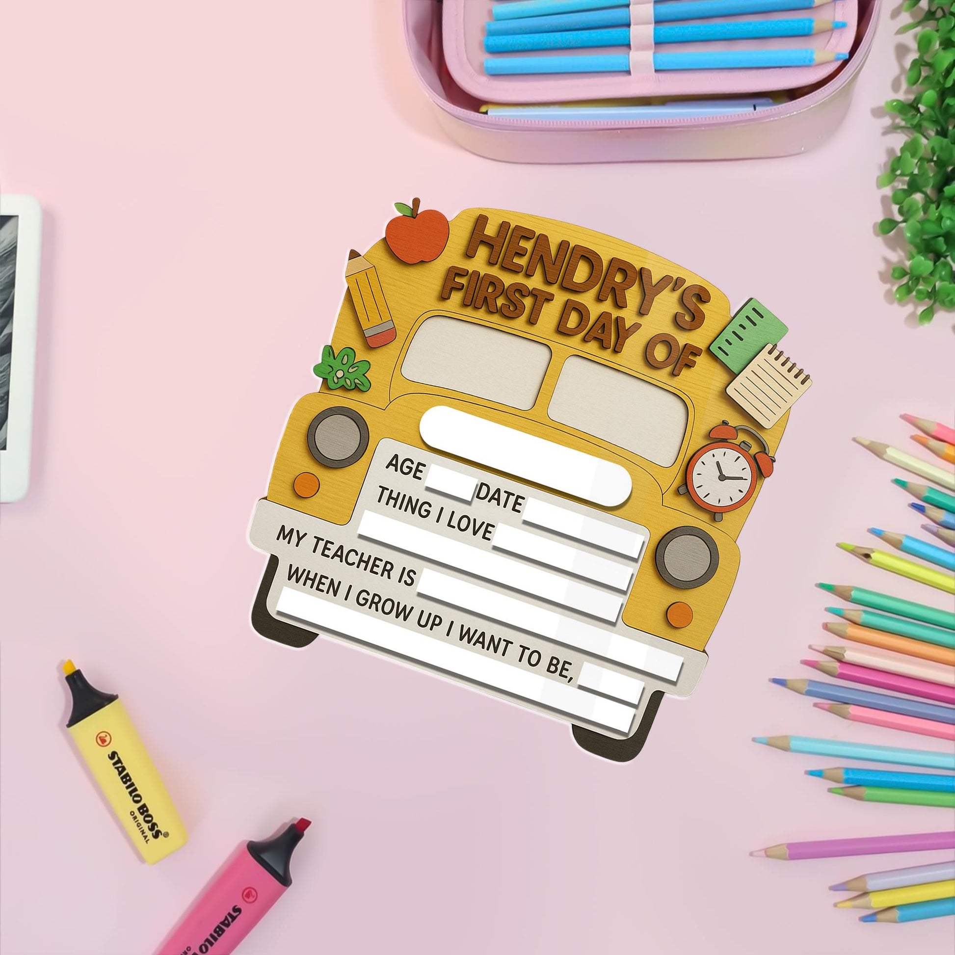 Personalized First Day of School Sign, Reusable Milestone Sign Board for Kids, Yellow Bus Photo Prop for Kids, Back to School Board