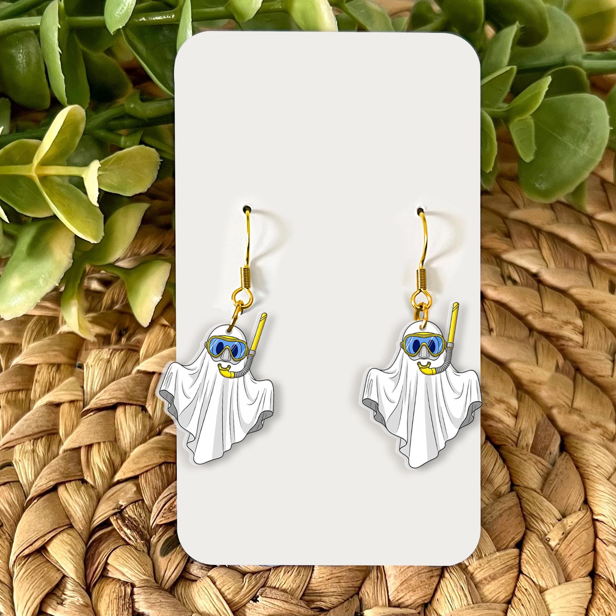Funny Ghost Snorkeling Earrings | Cute Summer Halloween Jewelry | Spooky Beach Acrylic Earrings, Quirky Vacation Accessory, Scuba Ghost Gift