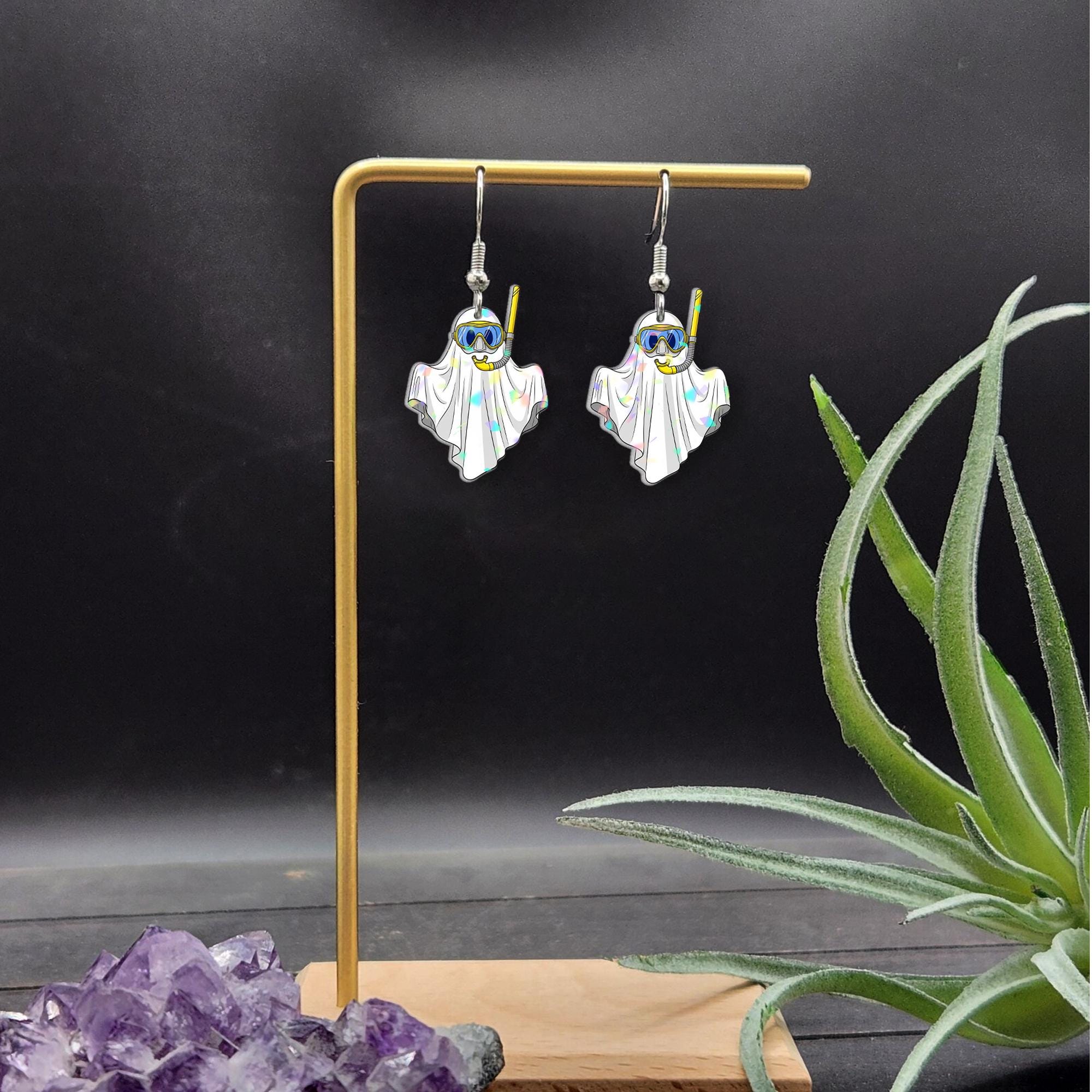 Funny Ghost Snorkeling Earrings | Cute Summer Halloween Jewelry | Spooky Beach Acrylic Earrings, Quirky Vacation Accessory, Scuba Ghost Gift