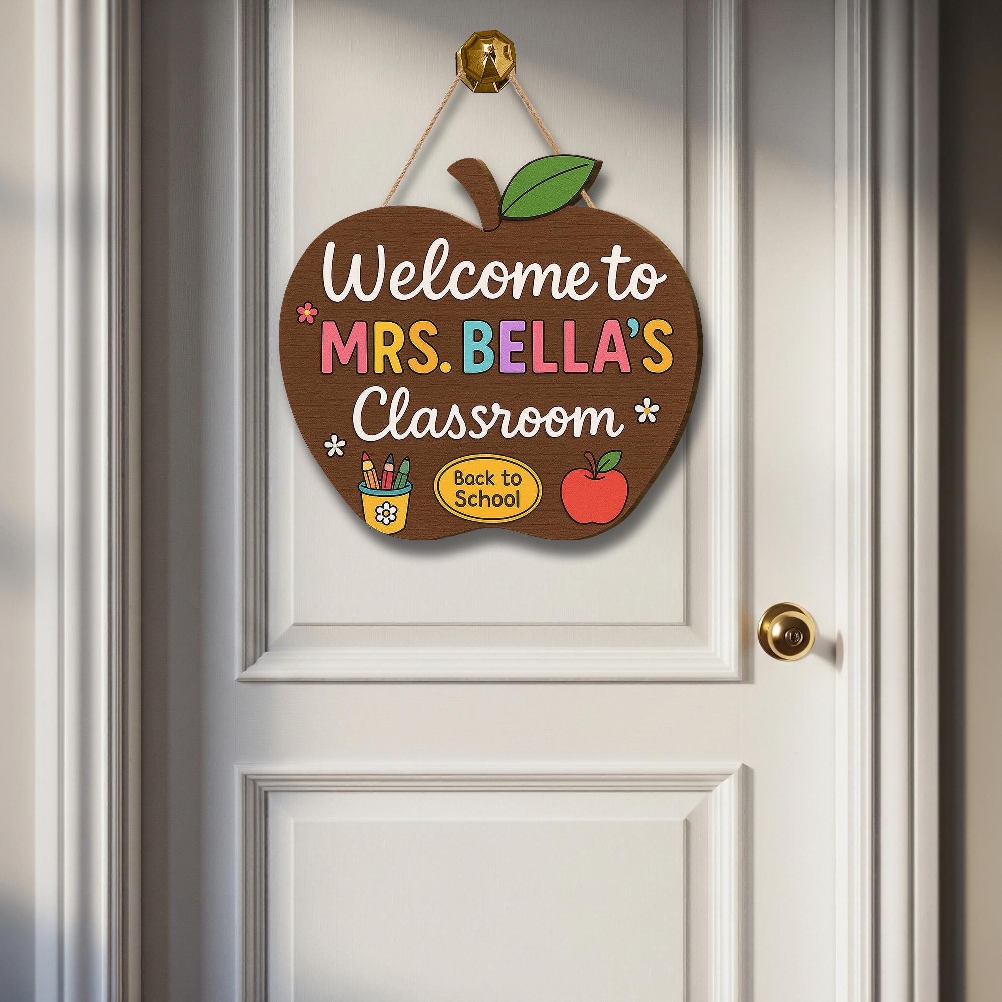Personalized Apple Teacher Door Sign, Welcome Classroom Sign, Custom Back to School Decor, Cute Teacher Name Hanger
