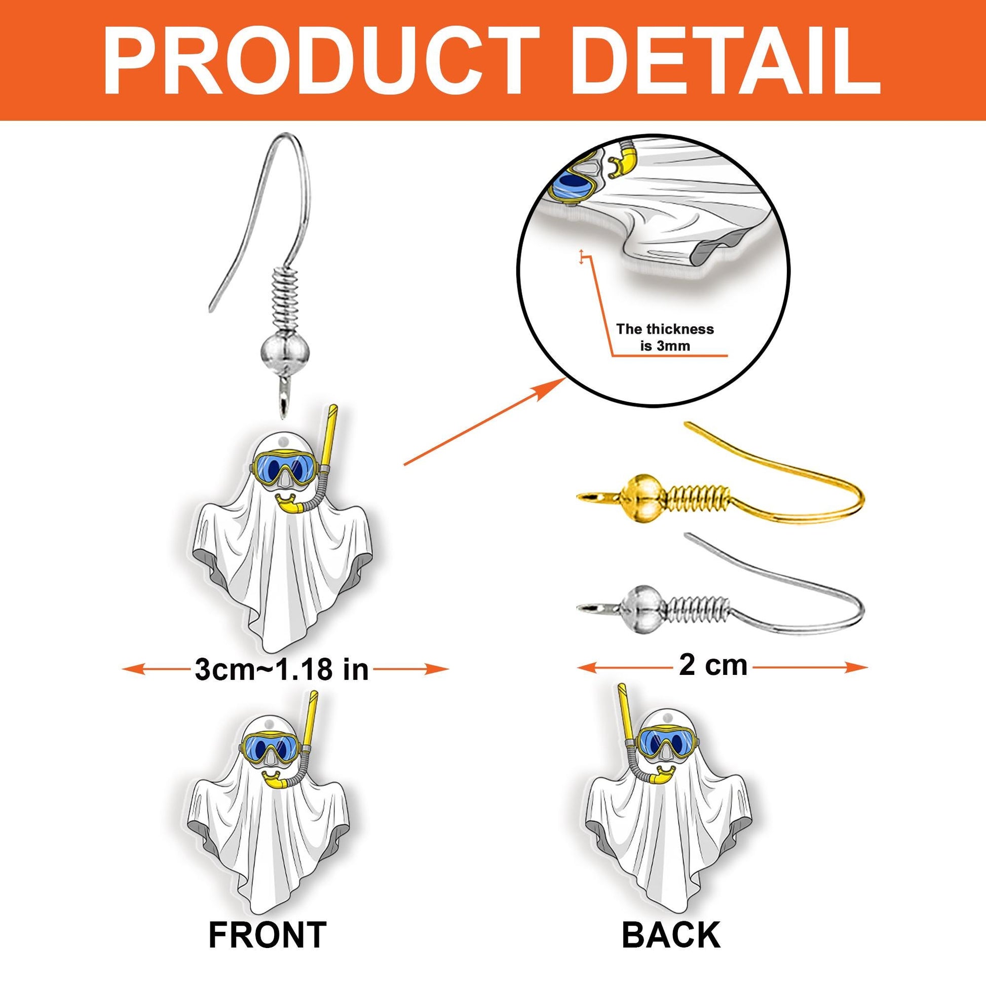 Funny Ghost Snorkeling Earrings | Cute Summer Halloween Jewelry | Spooky Beach Acrylic Earrings, Quirky Vacation Accessory, Scuba Ghost Gift