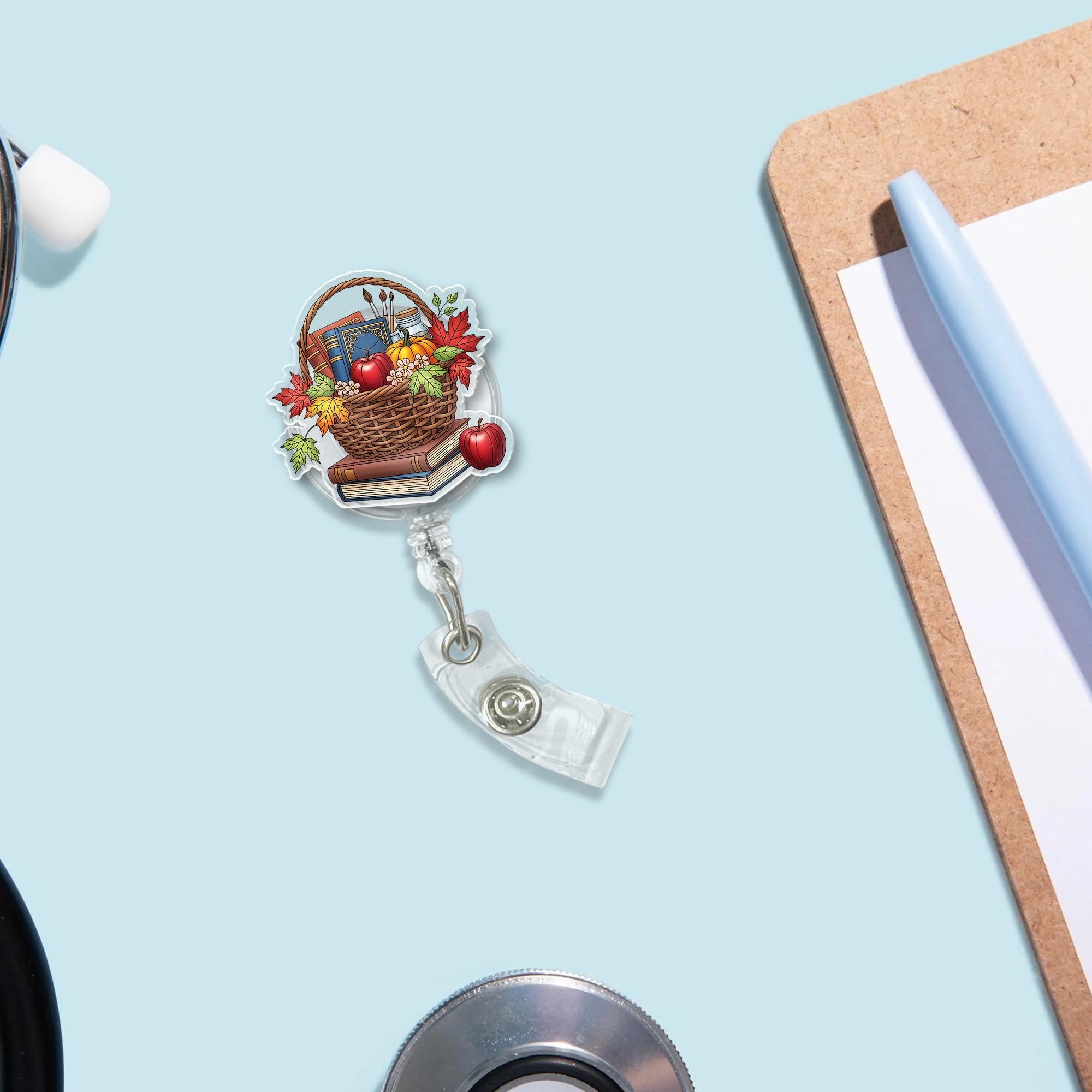 Fall Teacher Badge Reel, Autumn Basket ID Holder, Cute Retractable Clip for Nurse, School Staff, Librarian, Back to School Gift