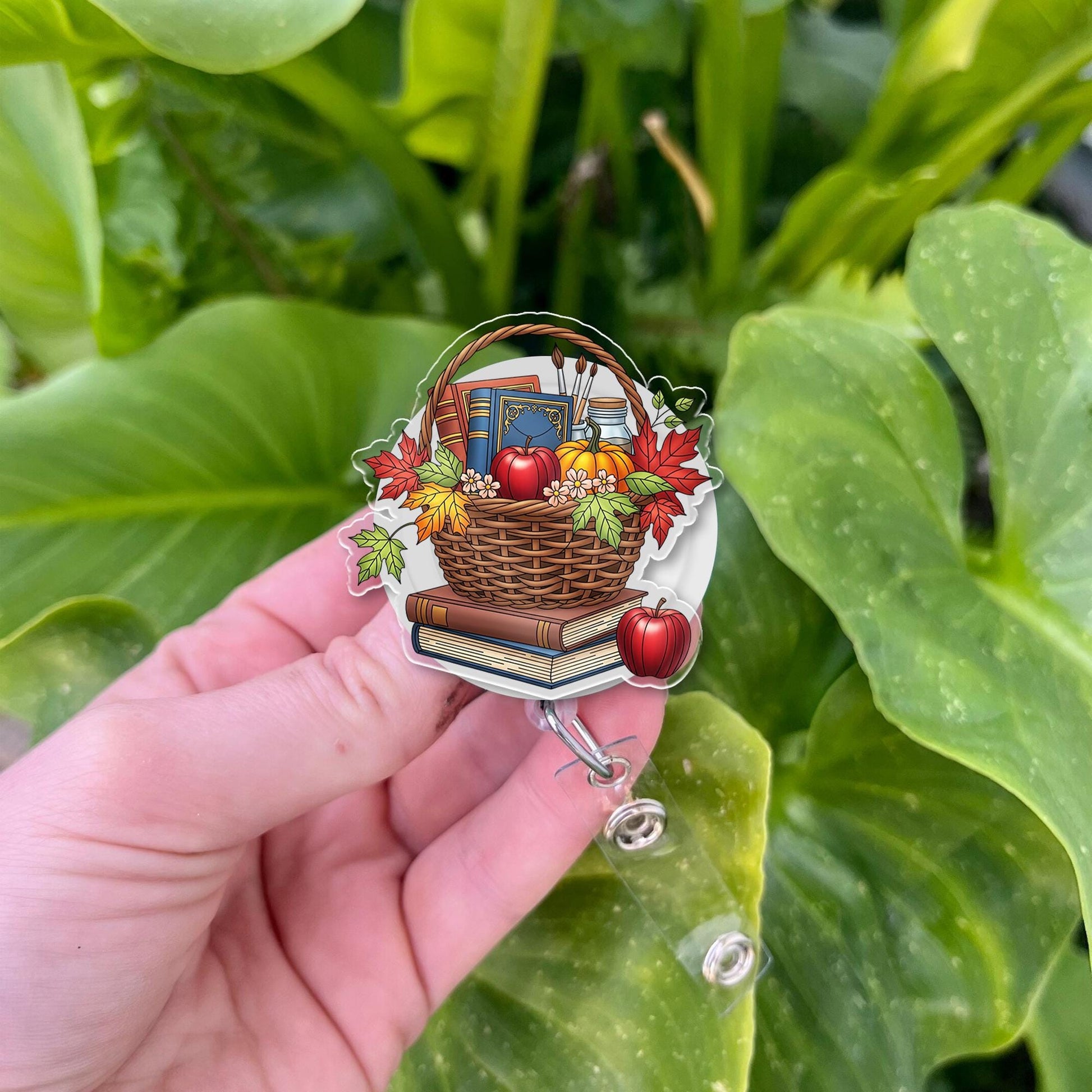 Fall Teacher Badge Reel, Autumn Basket ID Holder, Cute Retractable Clip for Nurse, School Staff, Librarian, Back to School Gift