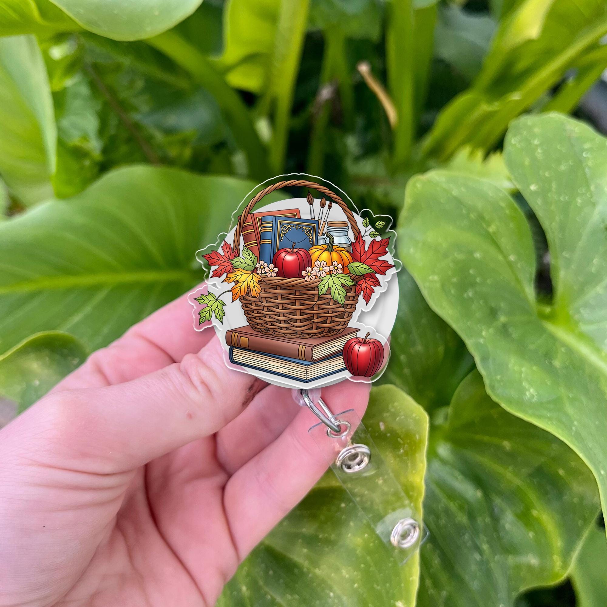 Fall Teacher Badge Reel, Autumn Basket ID Holder, Cute Retractable Clip for Nurse, School Staff, Librarian, Back to School Gift