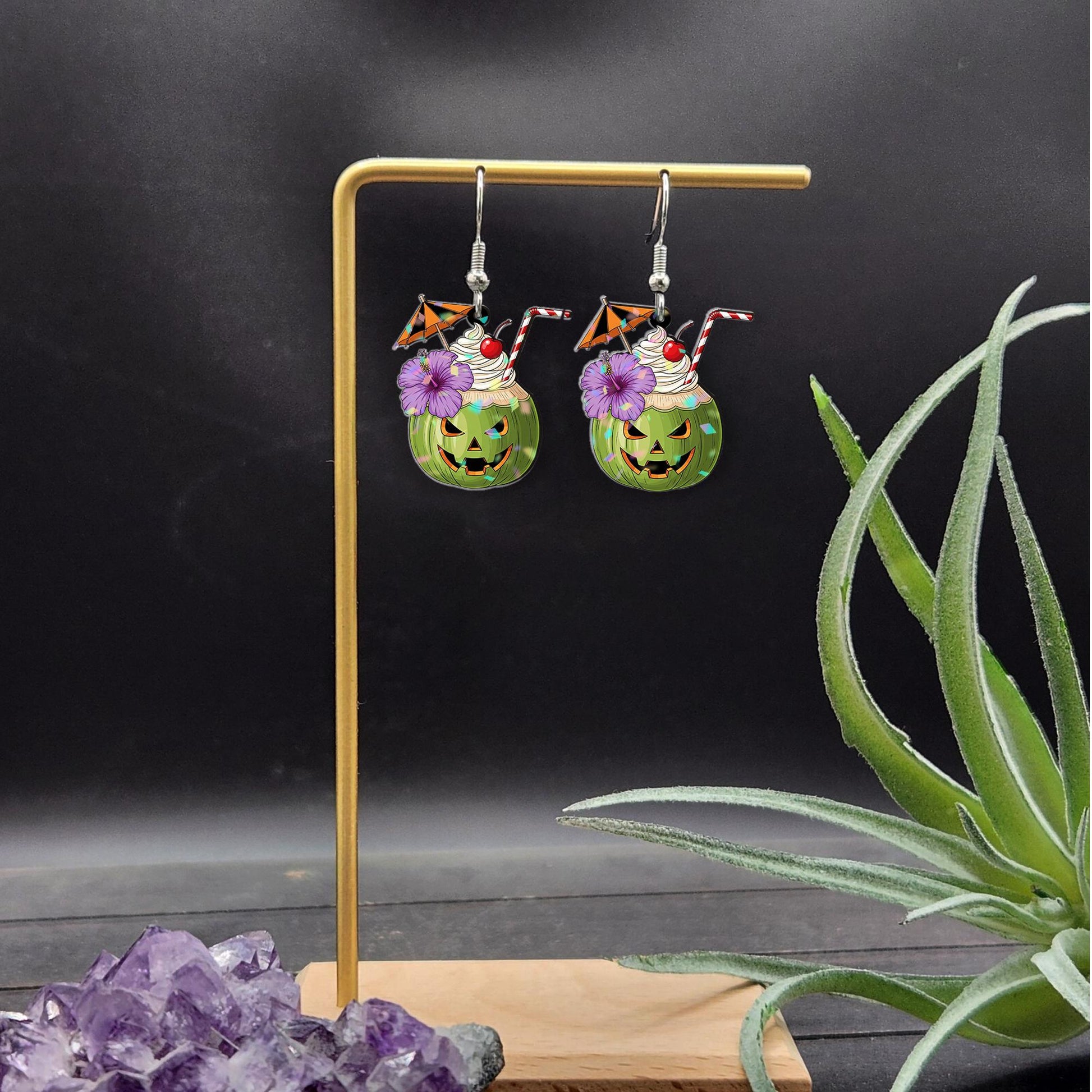 Tropical Halloween Pumpkin Earrings | Spooky Cocktail Drink Jewelry | Fun Summer Fall Earrings | Cute Halloween Coconut Cocktail Gift