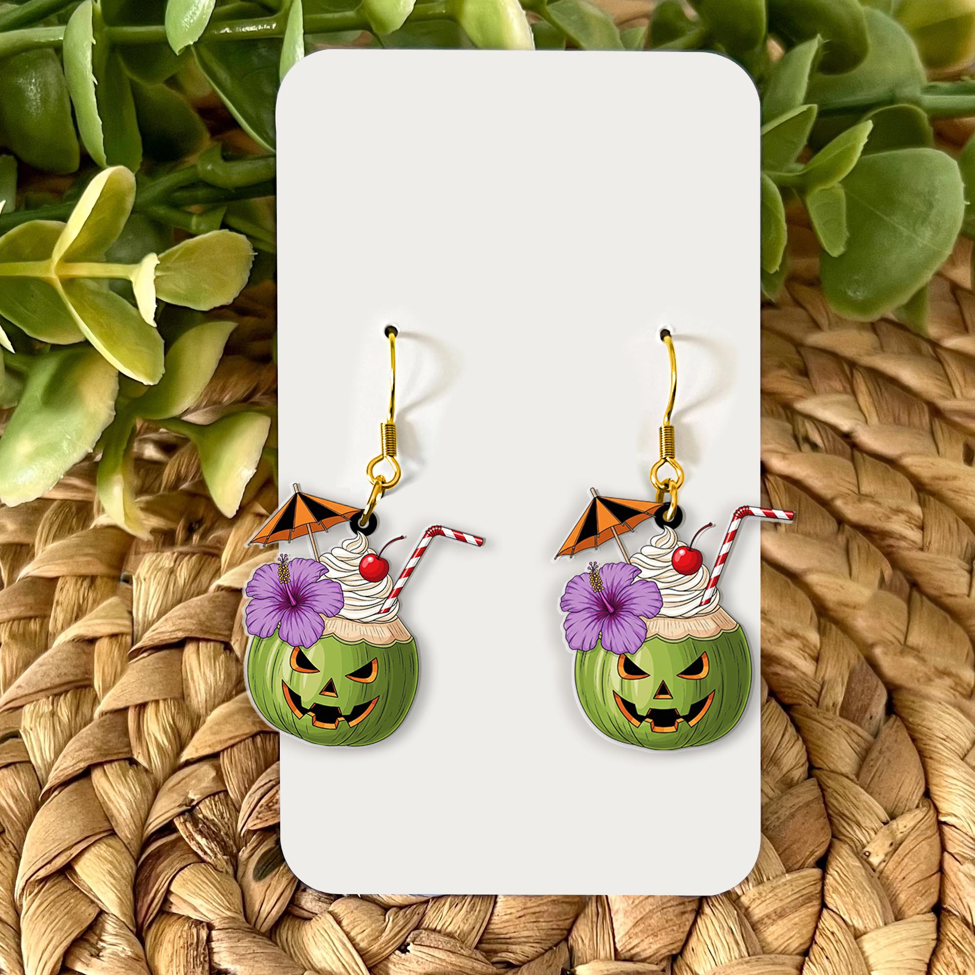 Tropical Halloween Pumpkin Earrings | Spooky Cocktail Drink Jewelry | Fun Summer Fall Earrings | Cute Halloween Coconut Cocktail Gift