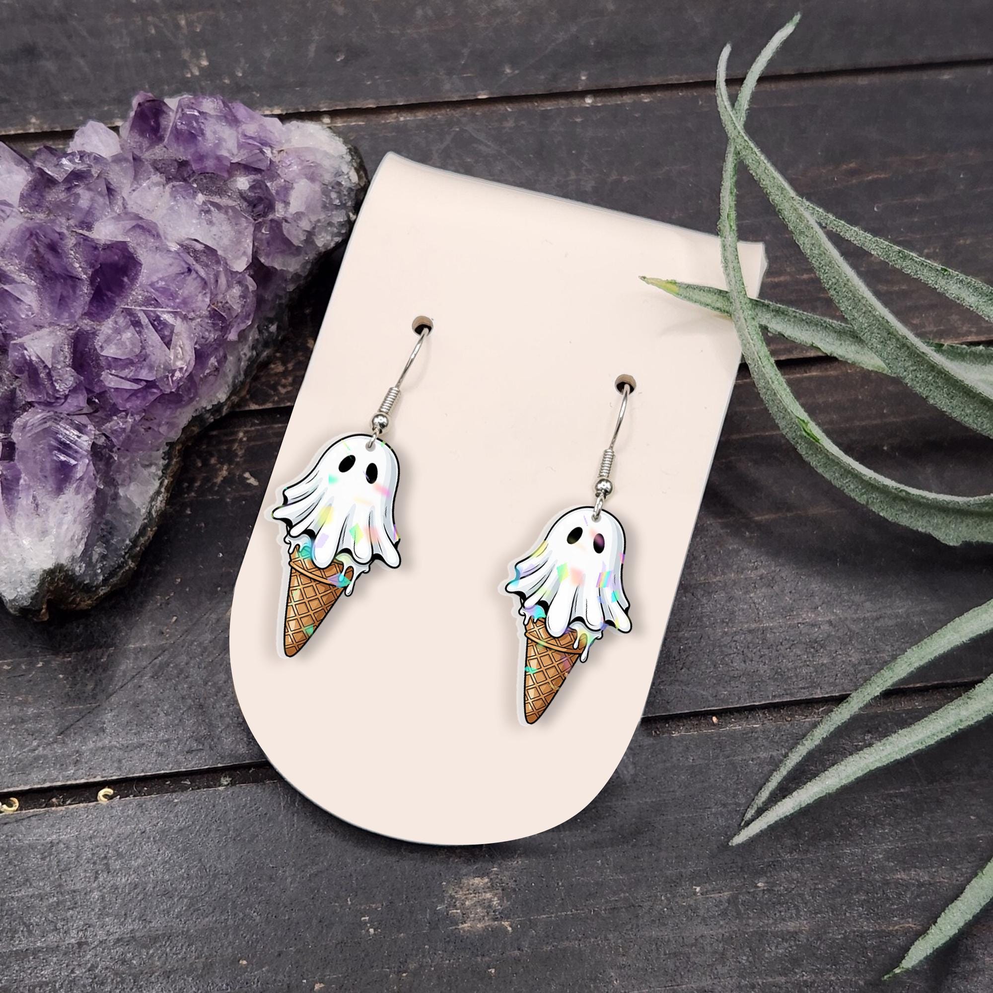 Ghost Ice Cream Cone Earrings | Cute Spooky Halloween Jewelry, Fun Acrylic Ghost Earrings, Kawaii Ice Cream Dangle Gift, Summerween Earrings