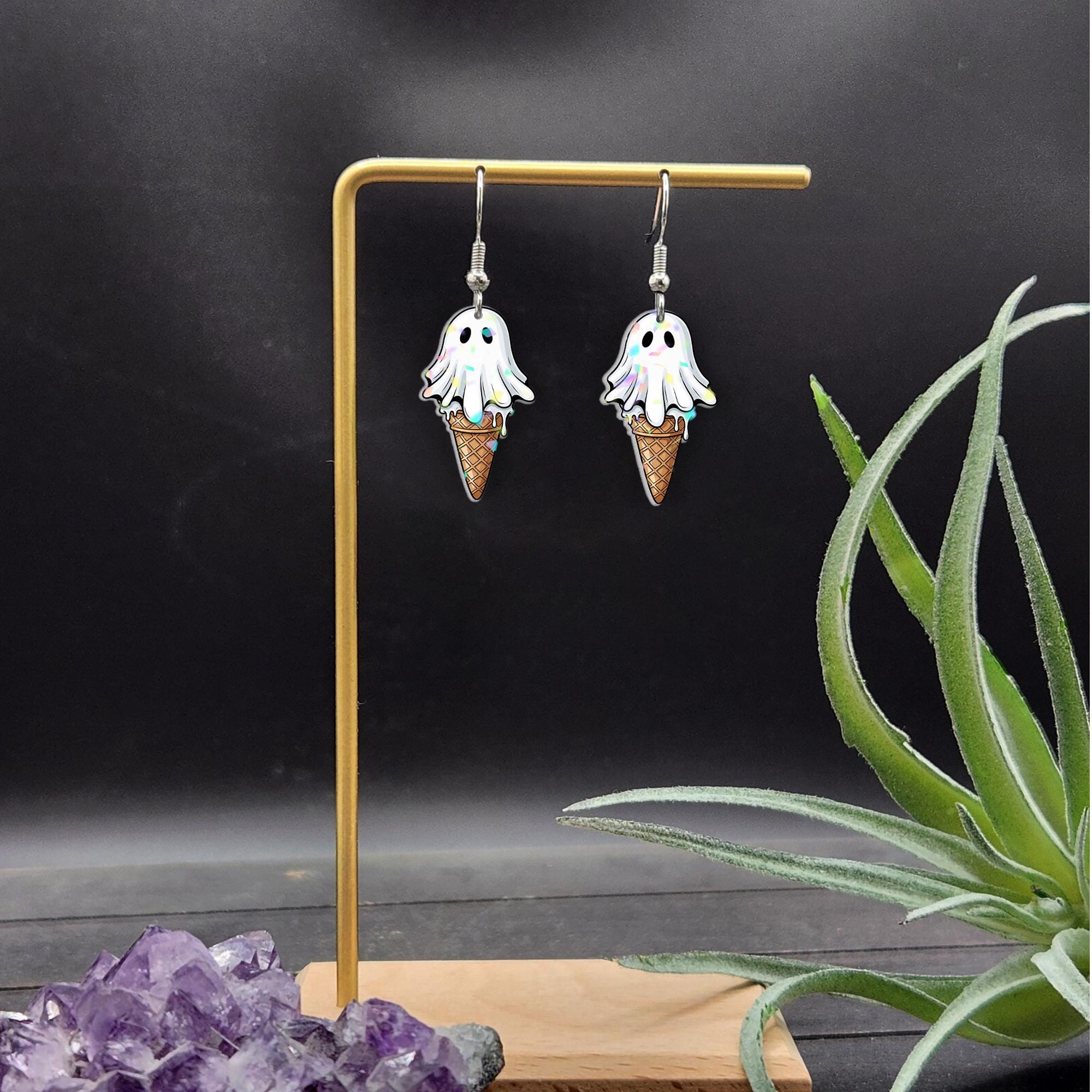 Ghost Ice Cream Cone Earrings | Cute Spooky Halloween Jewelry, Fun Acrylic Ghost Earrings, Kawaii Ice Cream Dangle Gift, Summerween Earrings