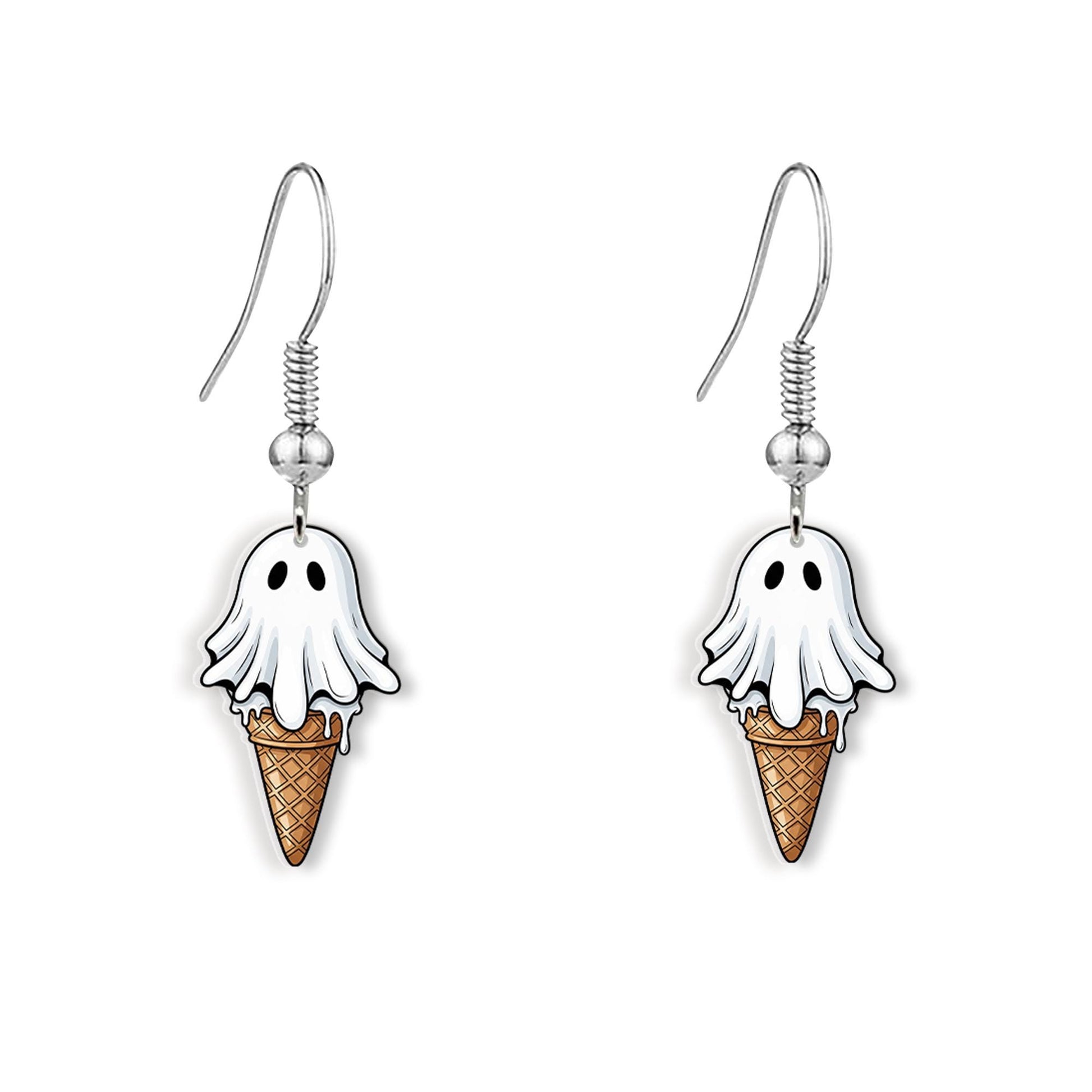 Ghost Ice Cream Cone Earrings | Cute Spooky Halloween Jewelry, Fun Acrylic Ghost Earrings, Kawaii Ice Cream Dangle Gift, Summerween Earrings