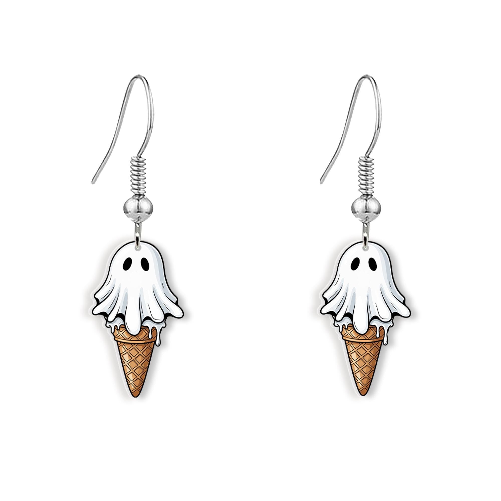 Ghost Ice Cream Cone Earrings | Cute Spooky Halloween Jewelry, Fun Acrylic Ghost Earrings, Kawaii Ice Cream Dangle Gift, Summerween Earrings