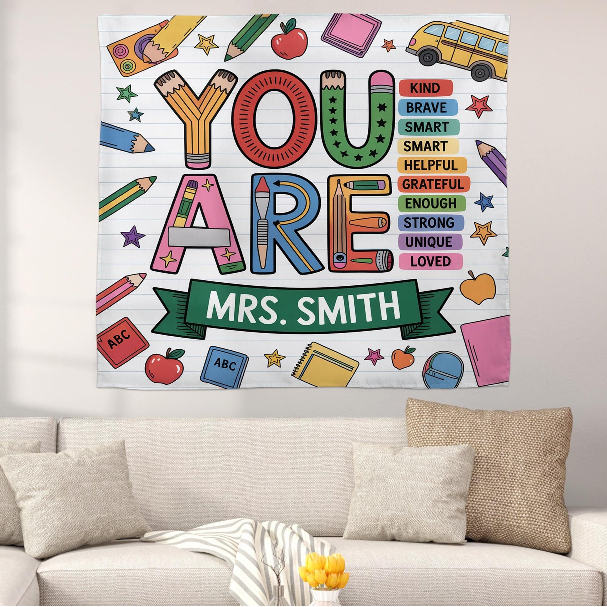 Personalized Teacher Classroom Tapestry – “You Are” Motivational Wall Decor for School, Custom Name Tapestry for Teachers, Educators