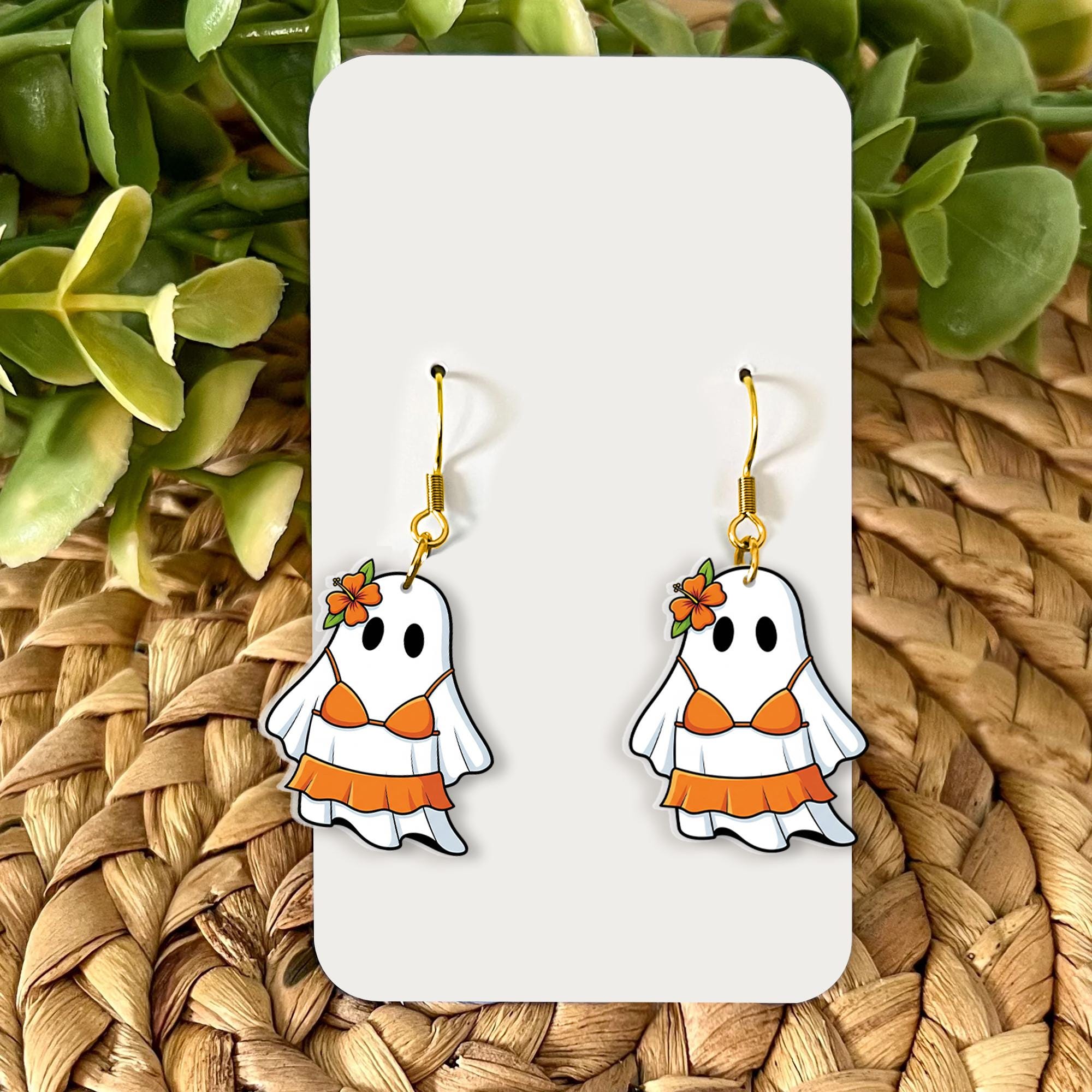 Tropical Ghost Earrings | Funny Ghost in Bikini Dangle Jewelry | Summer Spooky Earrings, Halloween Beach Gift for Her, Summerween Ghost Gift