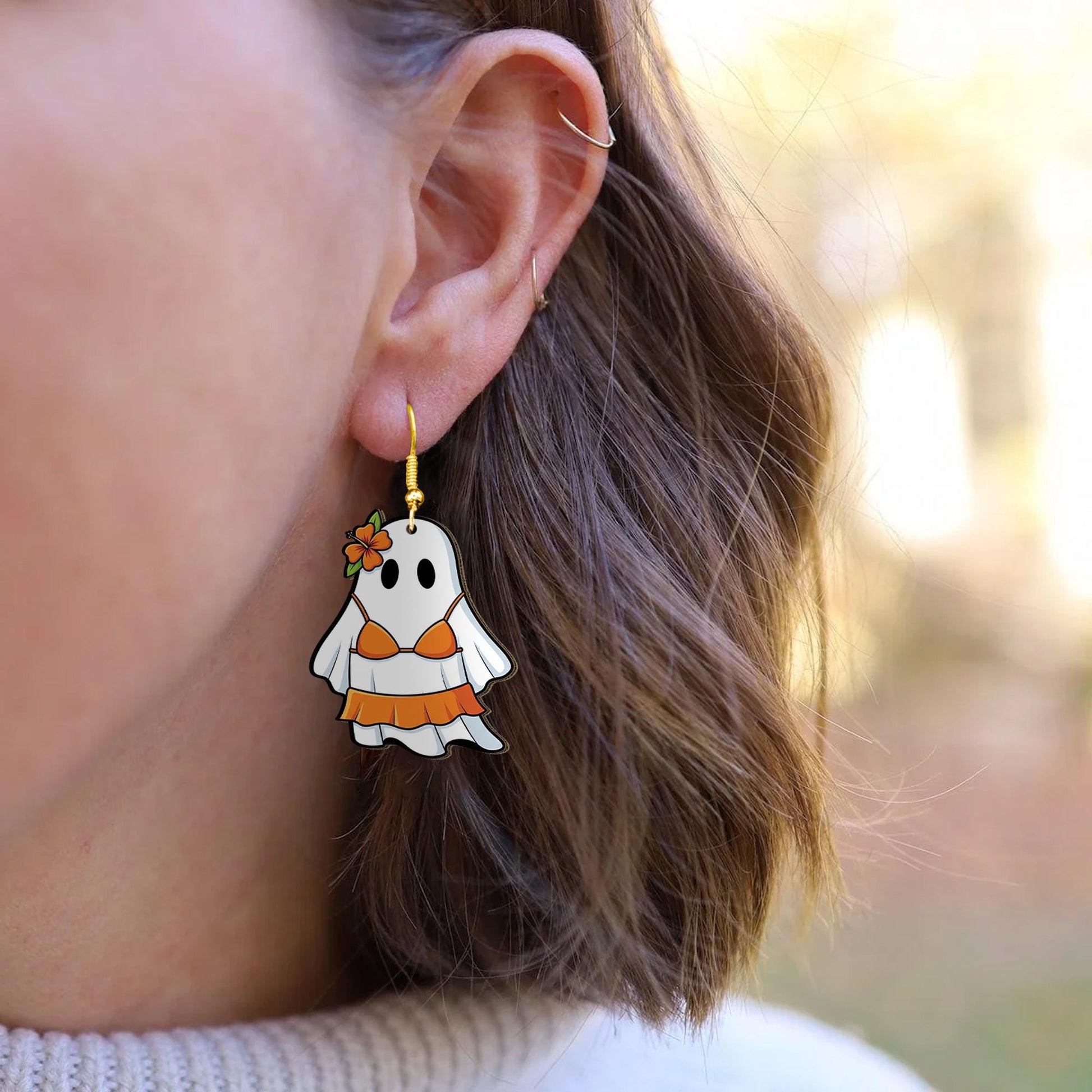 Tropical Ghost Earrings | Funny Ghost in Bikini Dangle Jewelry | Summer Spooky Earrings, Halloween Beach Gift for Her, Summerween Ghost Gift