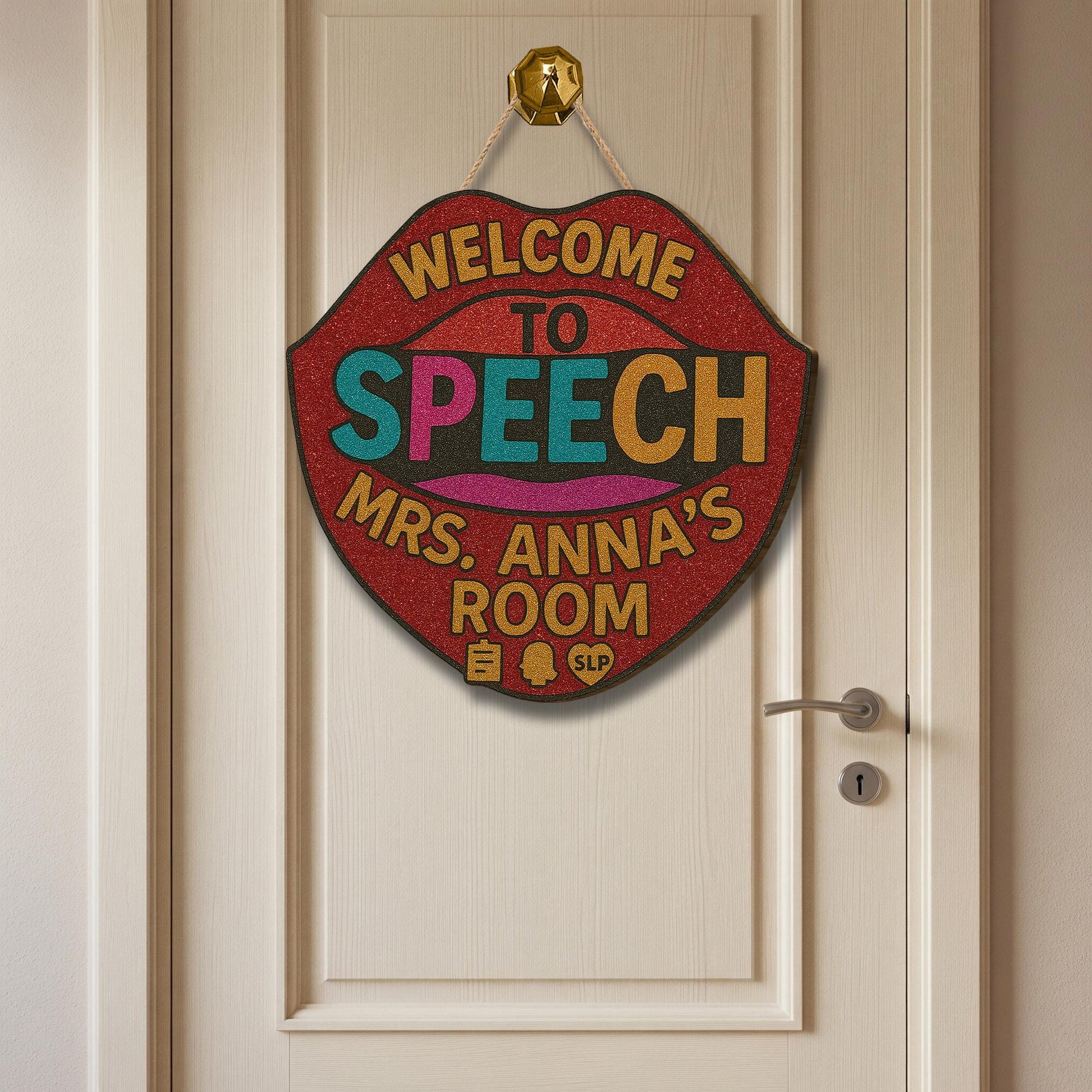 Faux Glitter Speech Room Door Sign, SLP Office Decor, Welcome Sign for Speech Therapist, Personalized SLP Door Hanger Gift