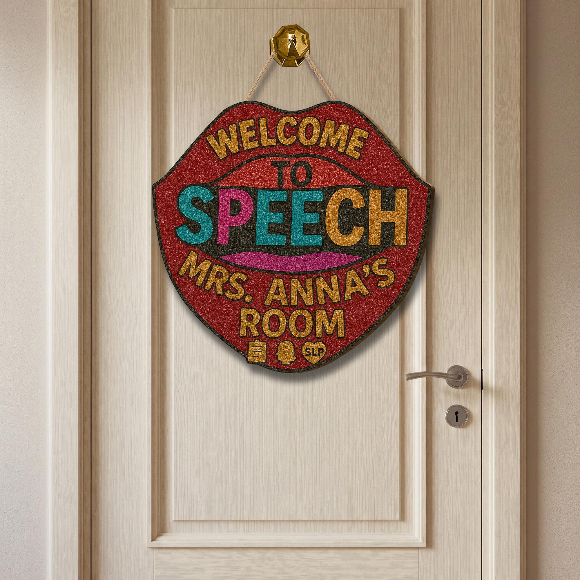 Faux Glitter Speech Room Door Sign, SLP Office Decor, Welcome Sign for Speech Therapist, Personalized SLP Door Hanger Gift