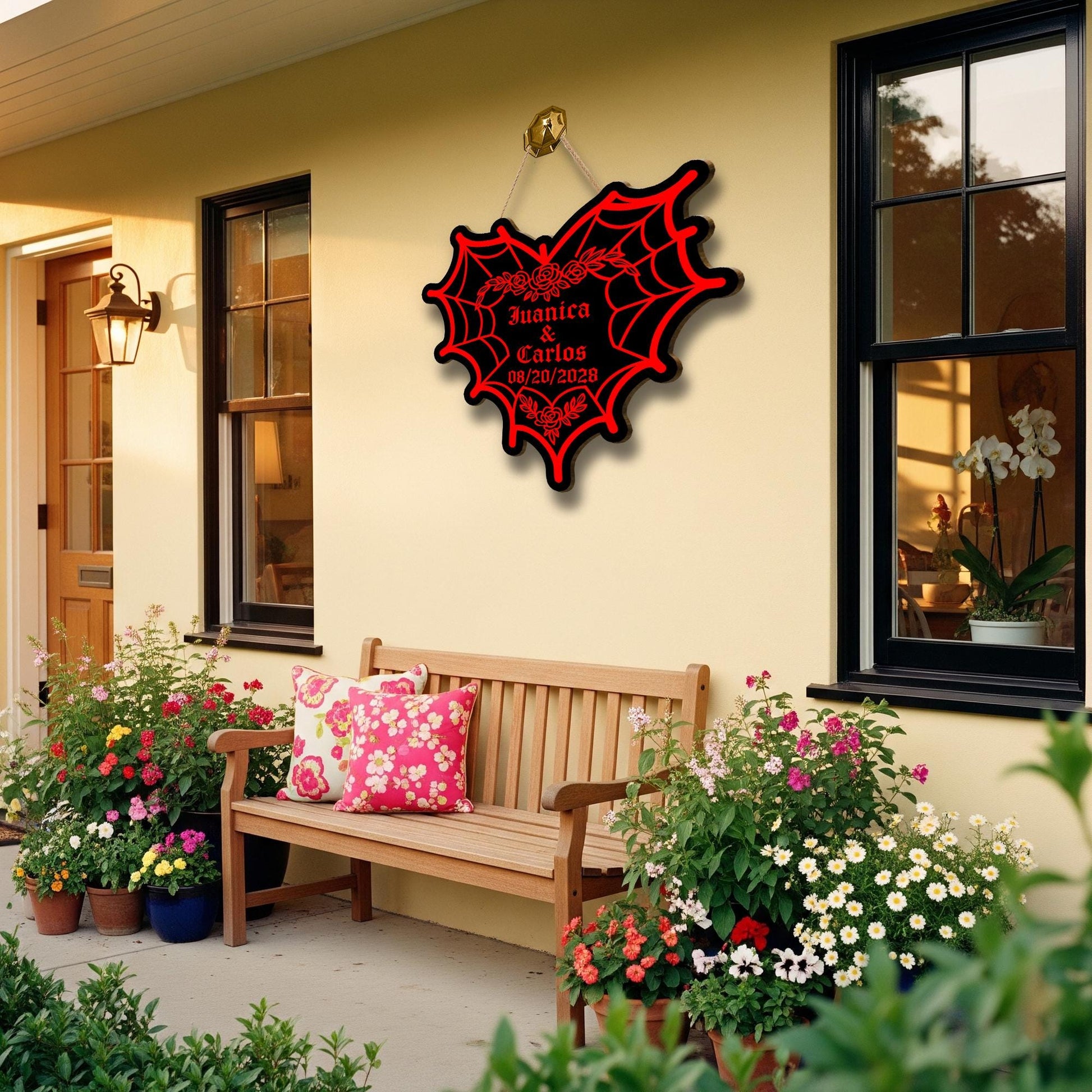 Custom Gothic Couple Sign, Personalized Spiderweb Heart sign, Spooky Wedding Gift, Goth Home Decor, Dark Love Wood Sign