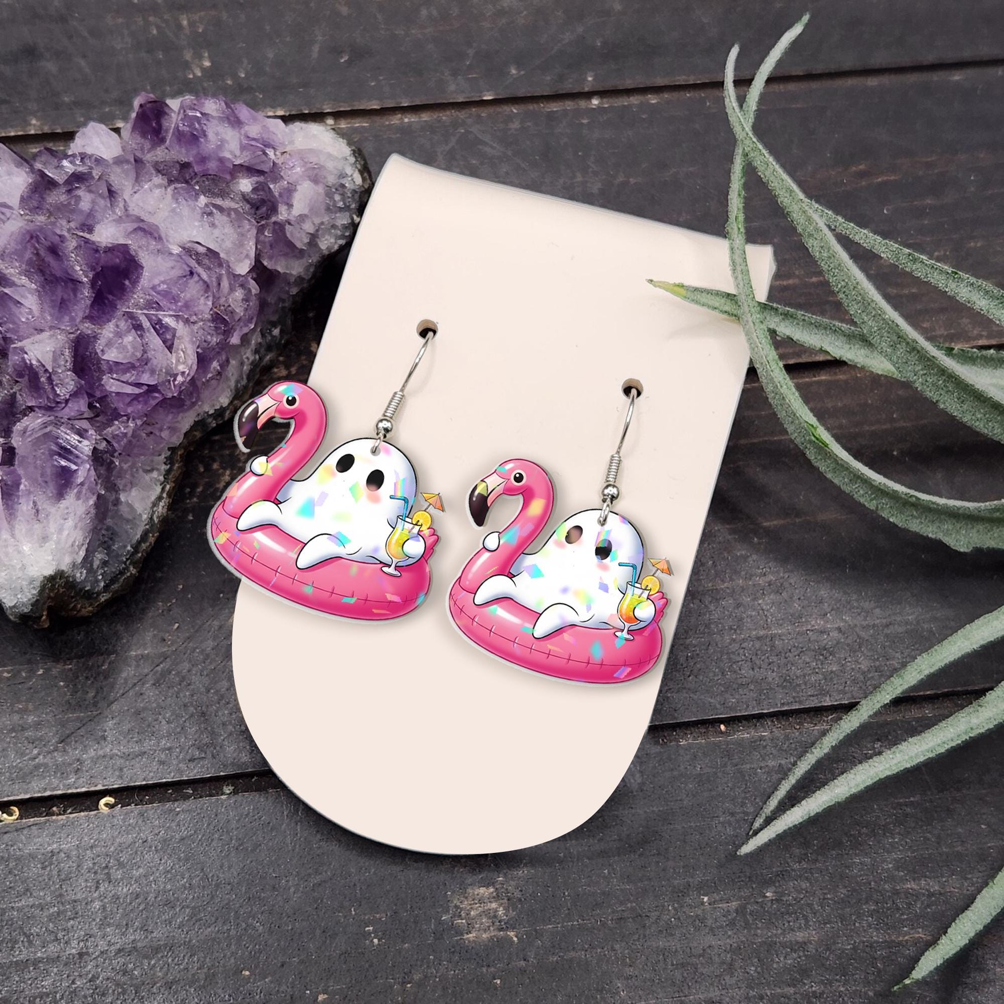 Flamingo Pool Float Ghost Earrings | Summer Spooky Dangle Jewelry | Cute Halloween Vacation Earrings | Funny Gift for Her, Summerween Ghost