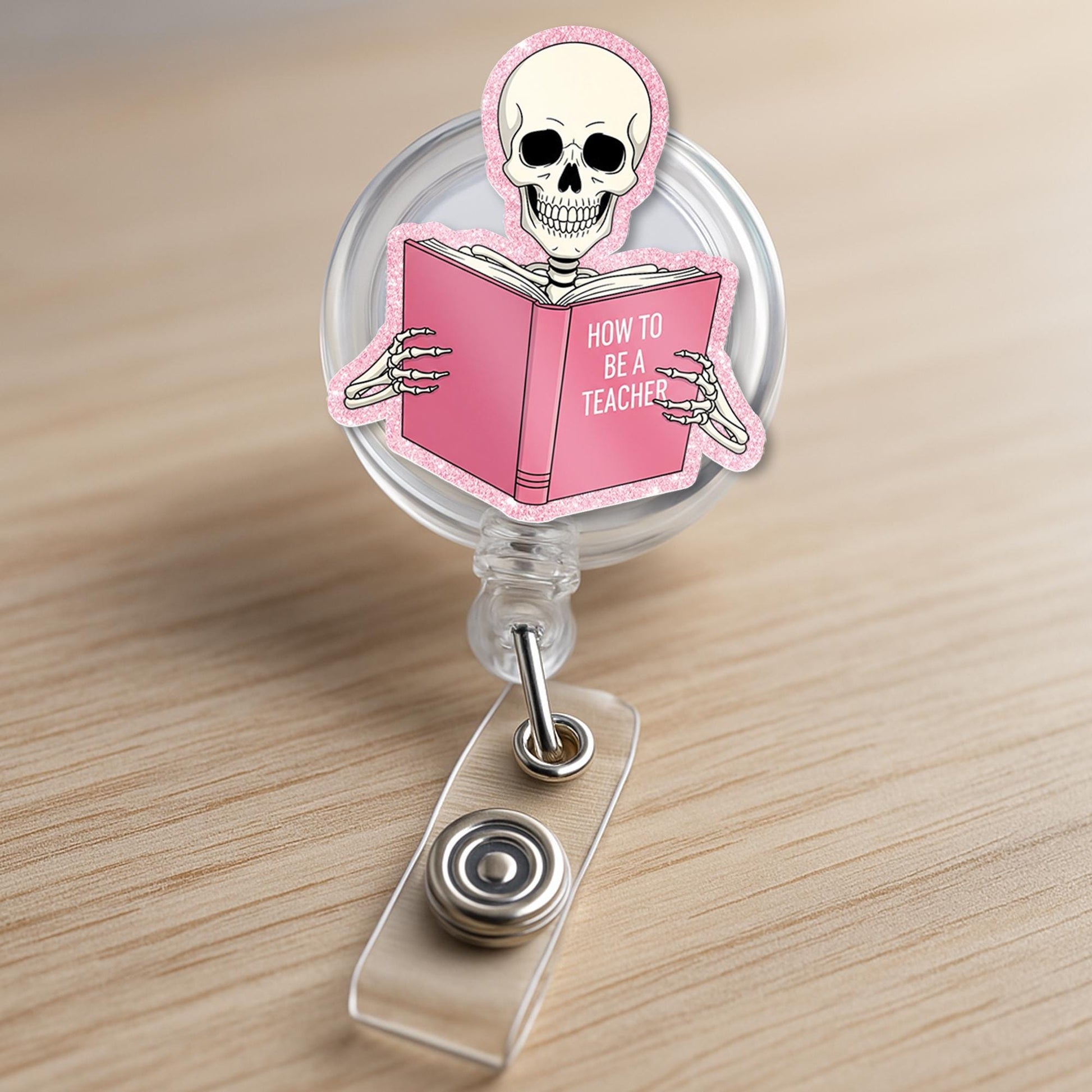 Funny Teacher Badge Reel, Skeleton Reading “How to Be a Teacher” Book, ID Holder for Educators, Nurse, or Staff, Teachers, Back To School