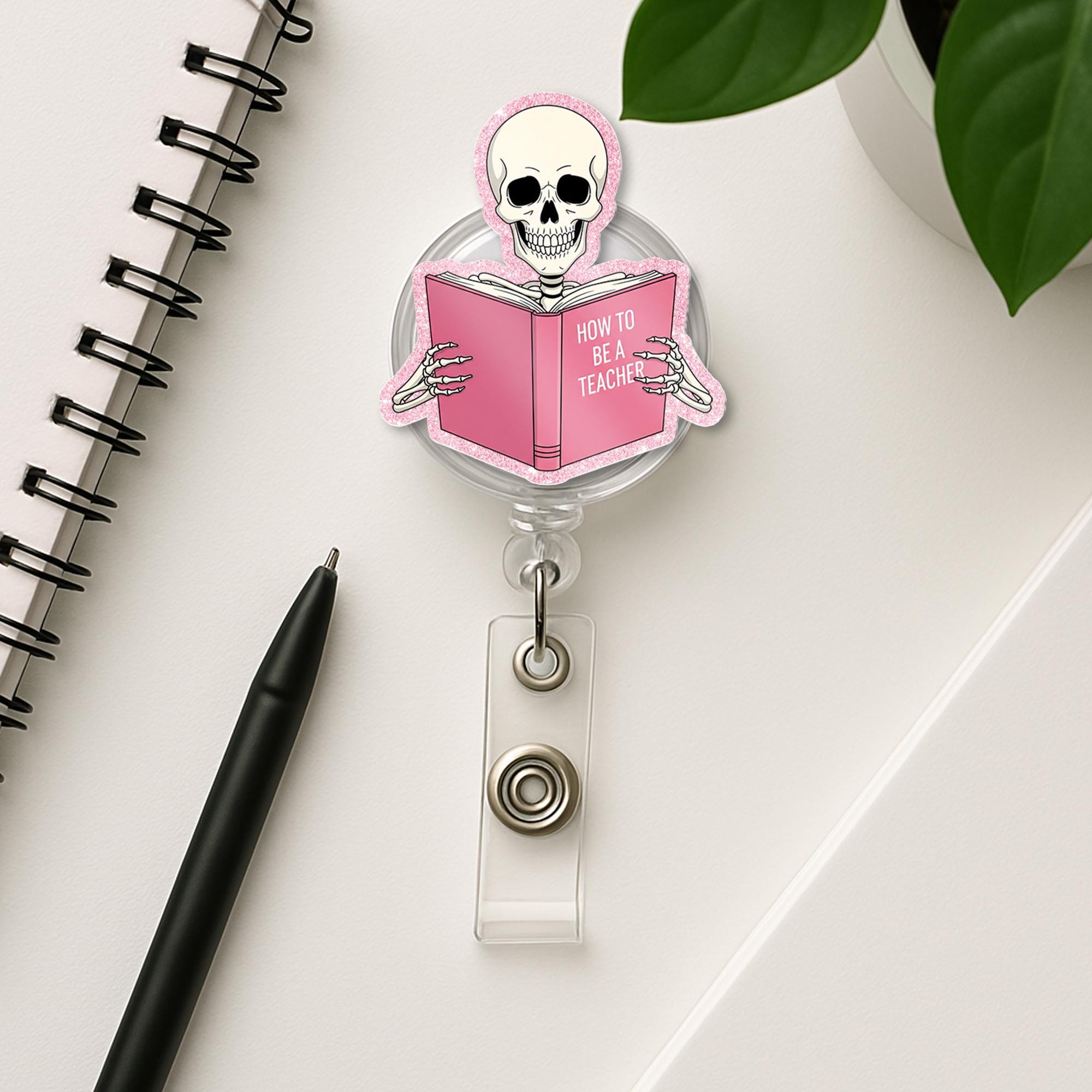 Funny Teacher Badge Reel, Skeleton Reading “How to Be a Teacher” Book, ID Holder for Educators, Nurse, or Staff, Teachers, Back To School