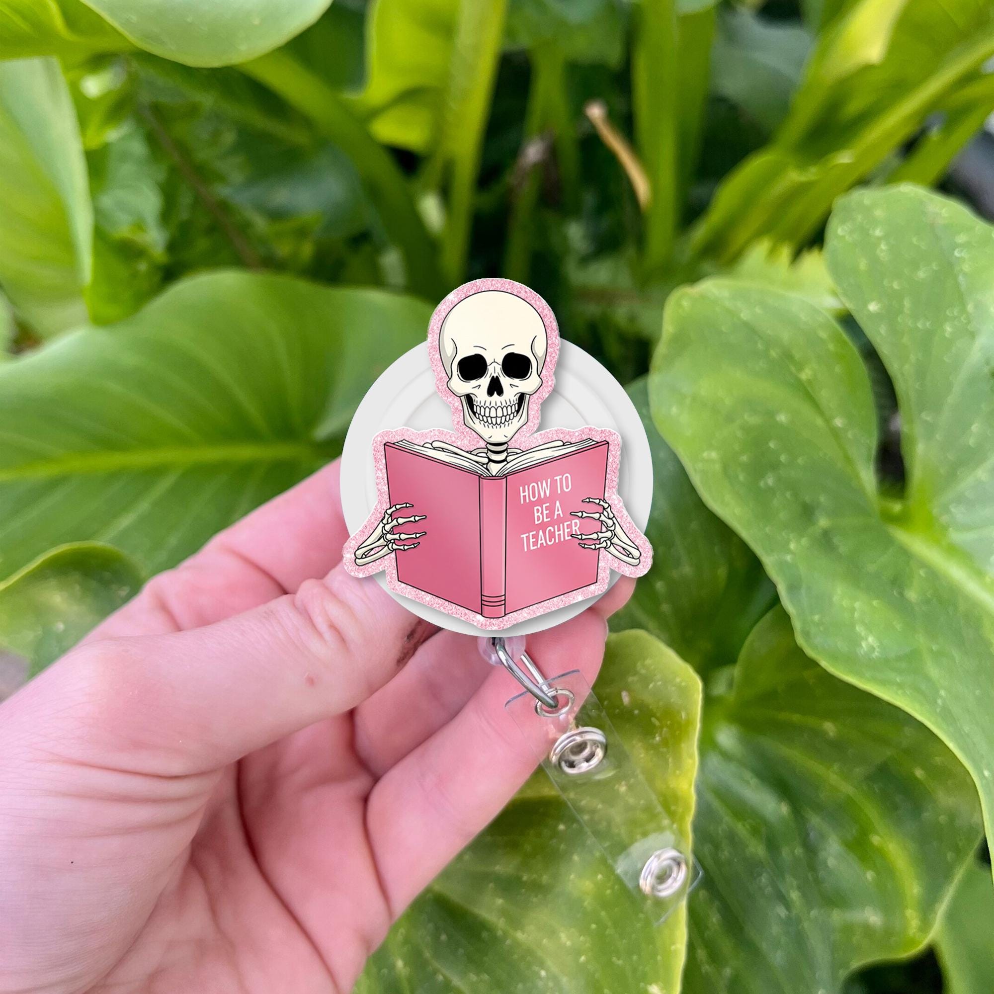 Funny Teacher Badge Reel, Skeleton Reading “How to Be a Teacher” Book, ID Holder for Educators, Nurse, or Staff, Teachers, Back To School