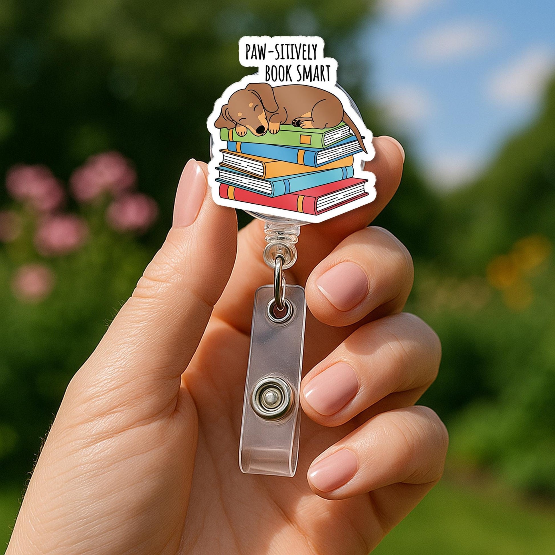 Paw-sitively Book Smart Badge Reel – Cute Dog Sleeping on Books ID Holder for Teachers, Book Lovers, and Librarians, Dog Lover Gift