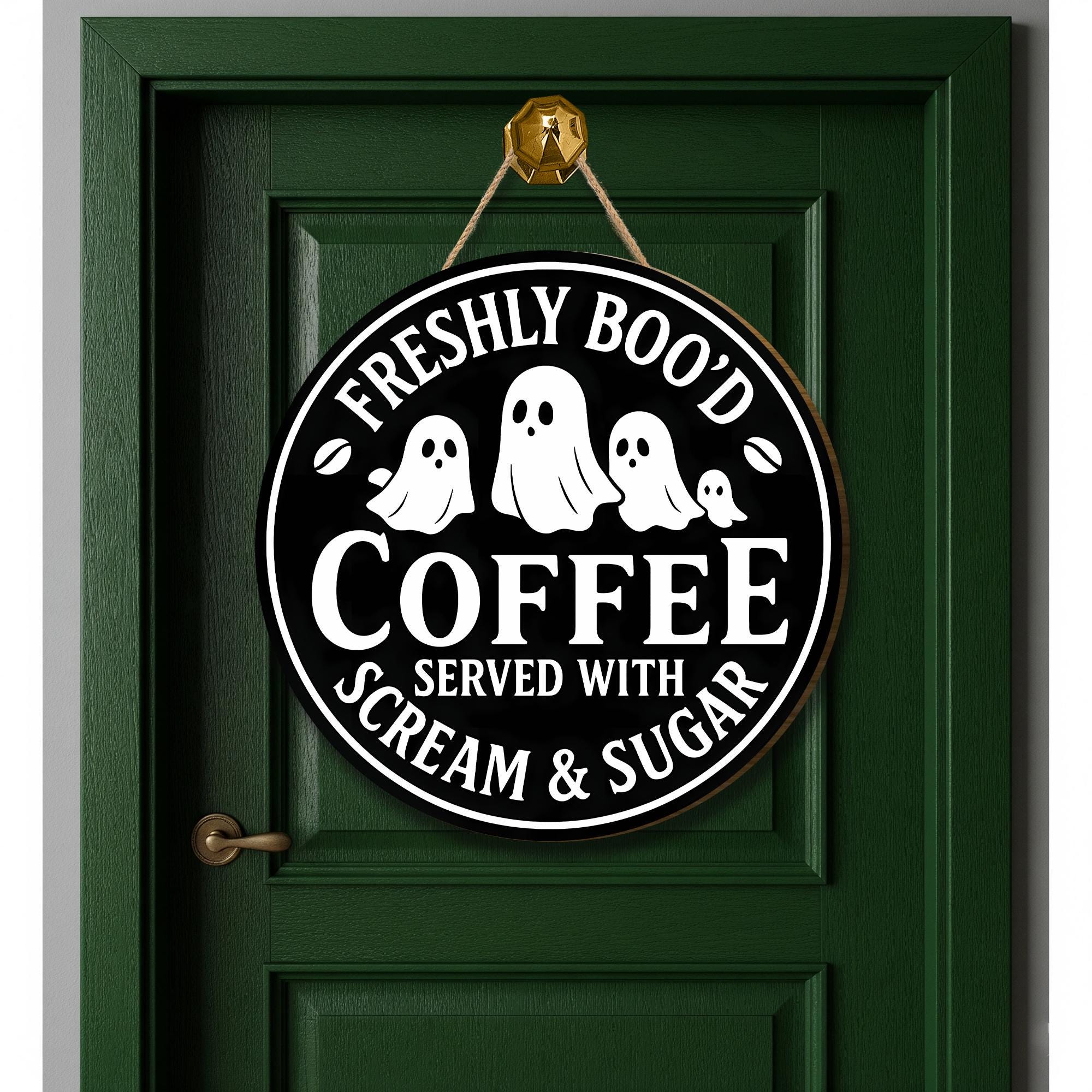 Freshly Boo’d Coffee Sign, Halloween Coffee Bar Decor, Ghost Kitchen Wall Art, Funny Wooden Scream & Sugar Sign, Spooky Café Gift