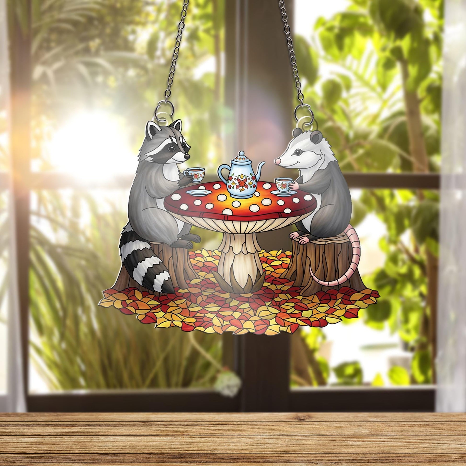 Cute Raccoon Possum Tea Party Suncatcher, Autumn Window Hanging, Woodland Animal Decor, Fall Cottagecore Gift