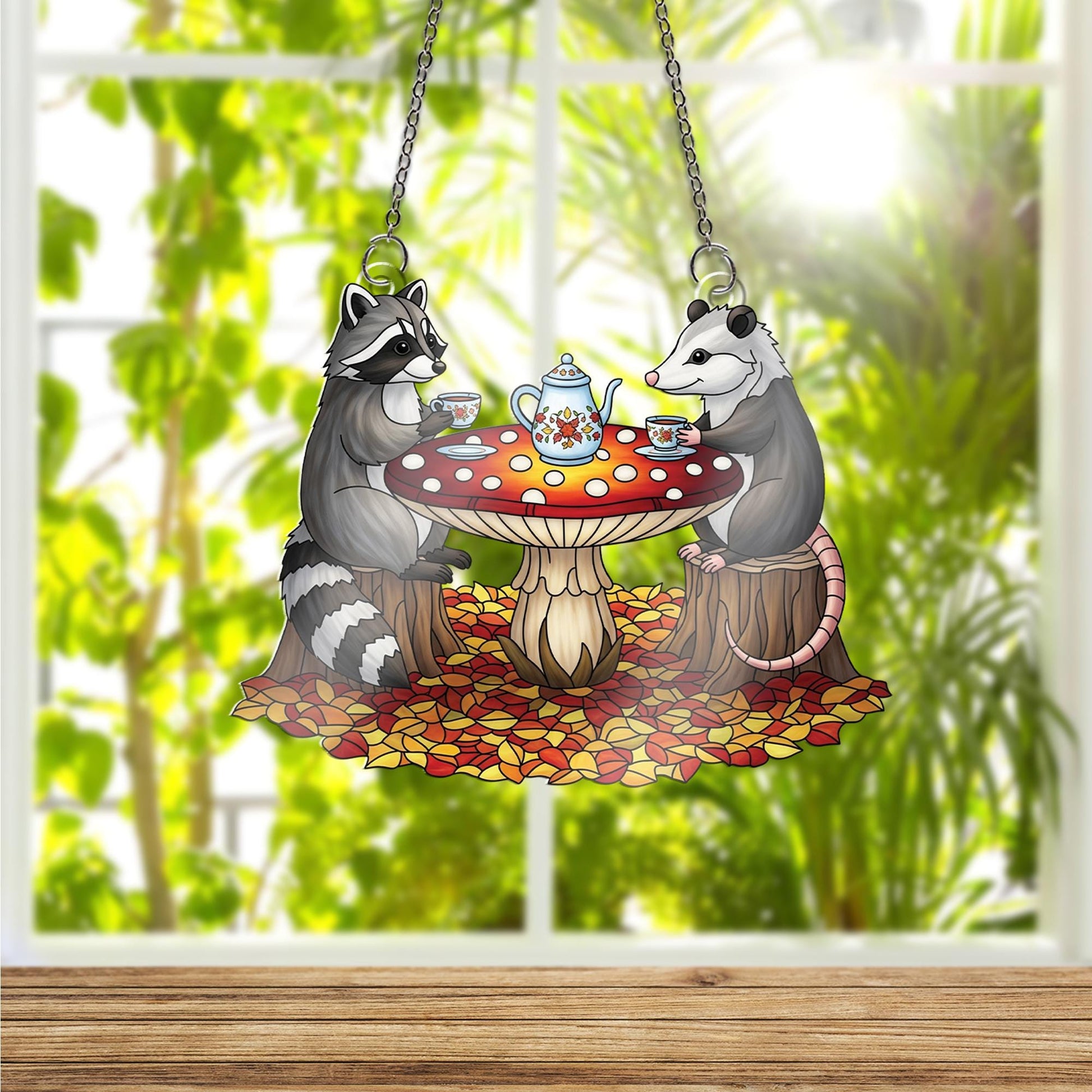 Cute Raccoon Possum Tea Party Suncatcher, Autumn Window Hanging, Woodland Animal Decor, Fall Cottagecore Gift