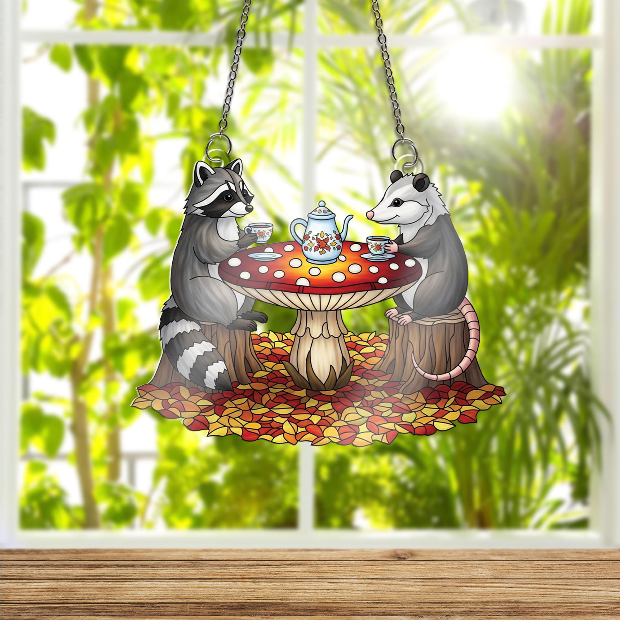 Cute Raccoon Possum Tea Party Suncatcher, Autumn Window Hanging, Woodland Animal Decor, Fall Cottagecore Gift