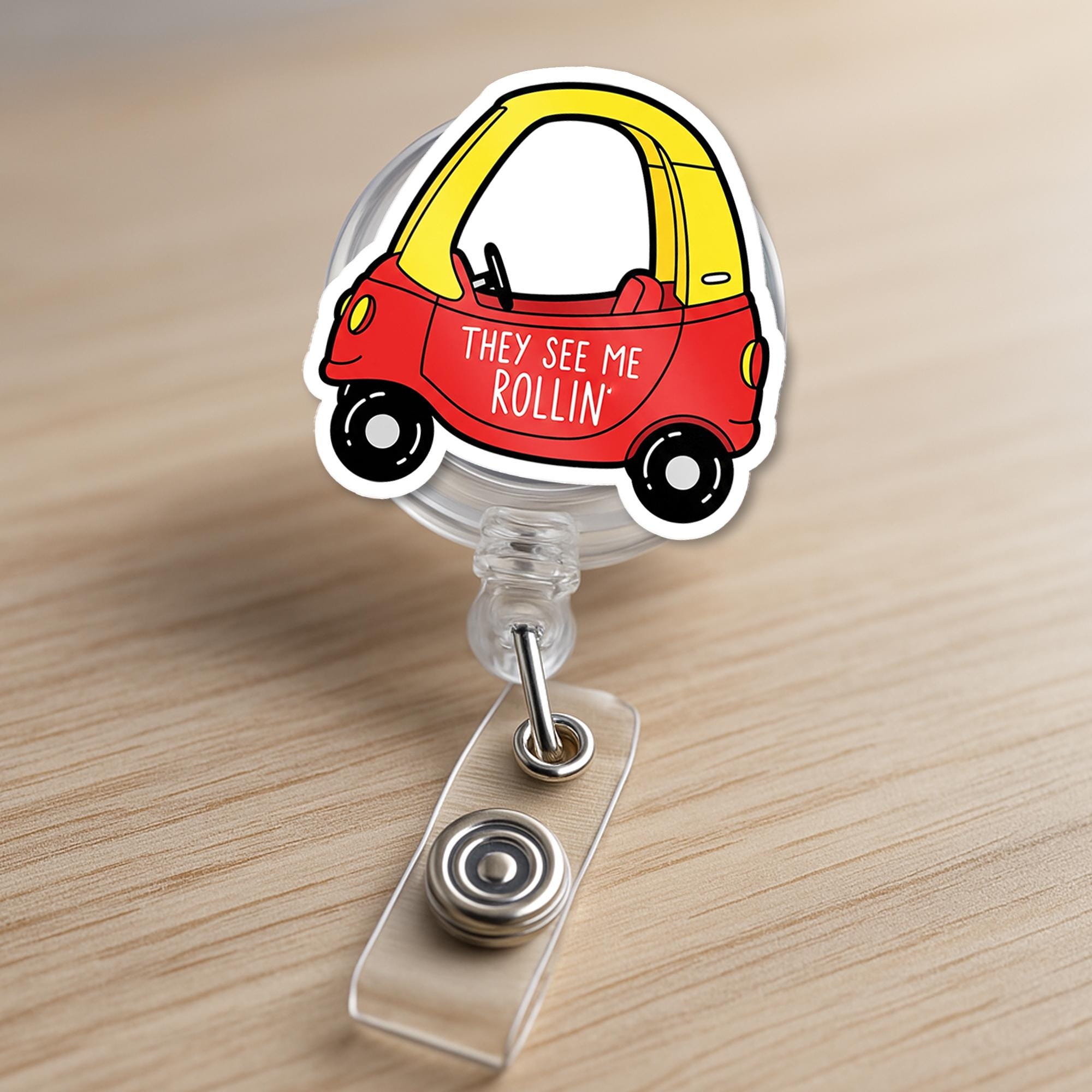 Funny Car Badge Reel – “They See Me Rollin’” Retro Toy Car ID Holder, Cute Accessory for Teachers, Nurses & Staff, Educators Badge Clip