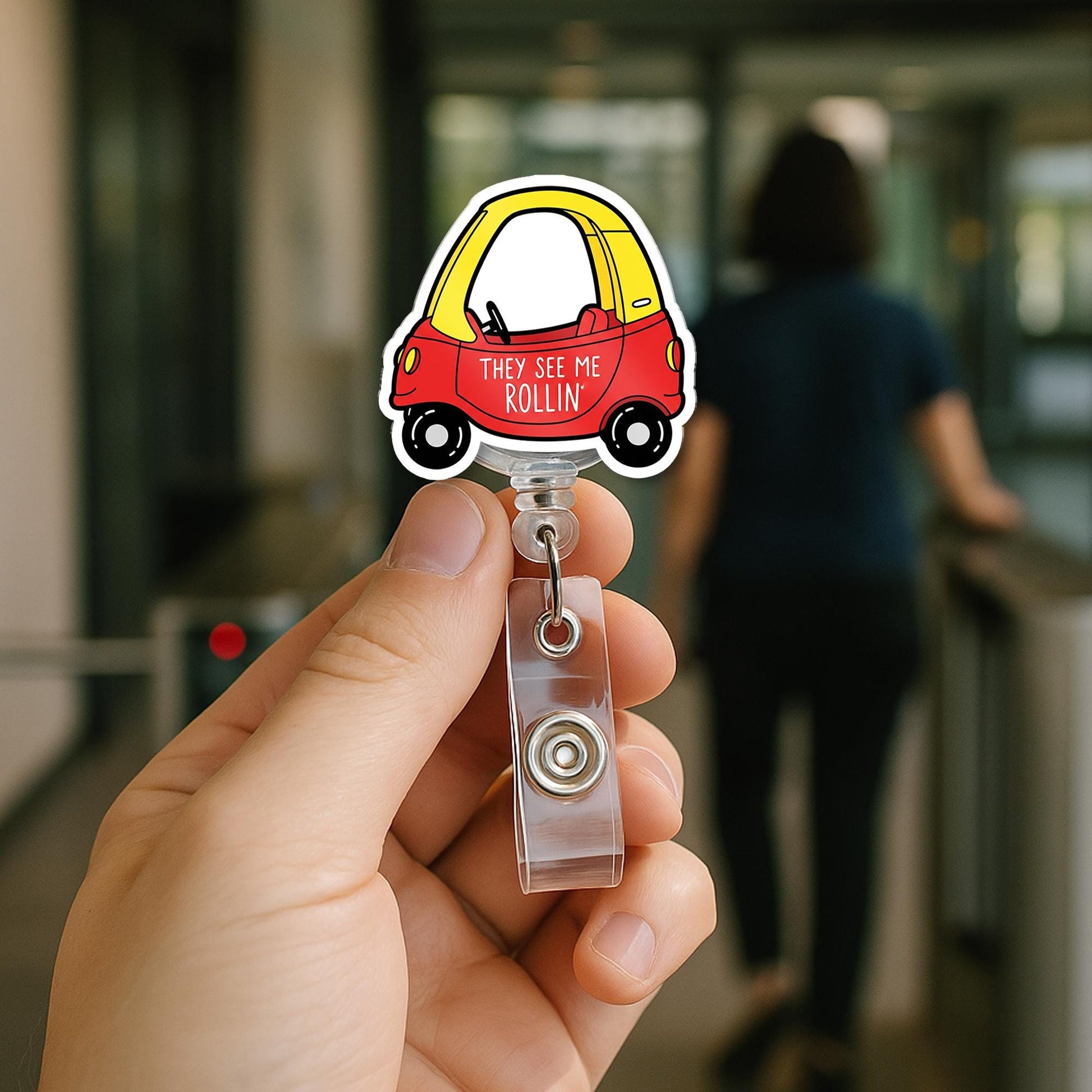 Funny Car Badge Reel – “They See Me Rollin’” Retro Toy Car ID Holder, Cute Accessory for Teachers, Nurses & Staff, Educators Badge Clip